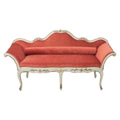 19th Century Gilded and Painted Grey Italian Sofa coral Velvet Upholstery