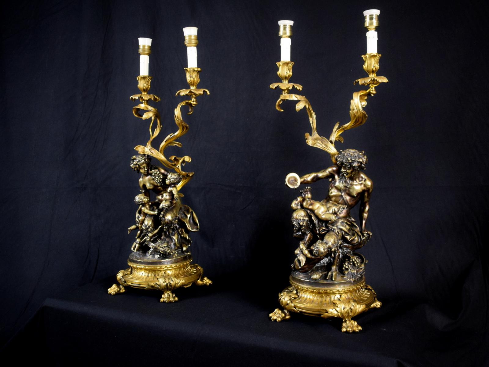 Napoleon III 19th Century Pair of French Bronze Candlesticks Lamps Signed Clodion  For Sale