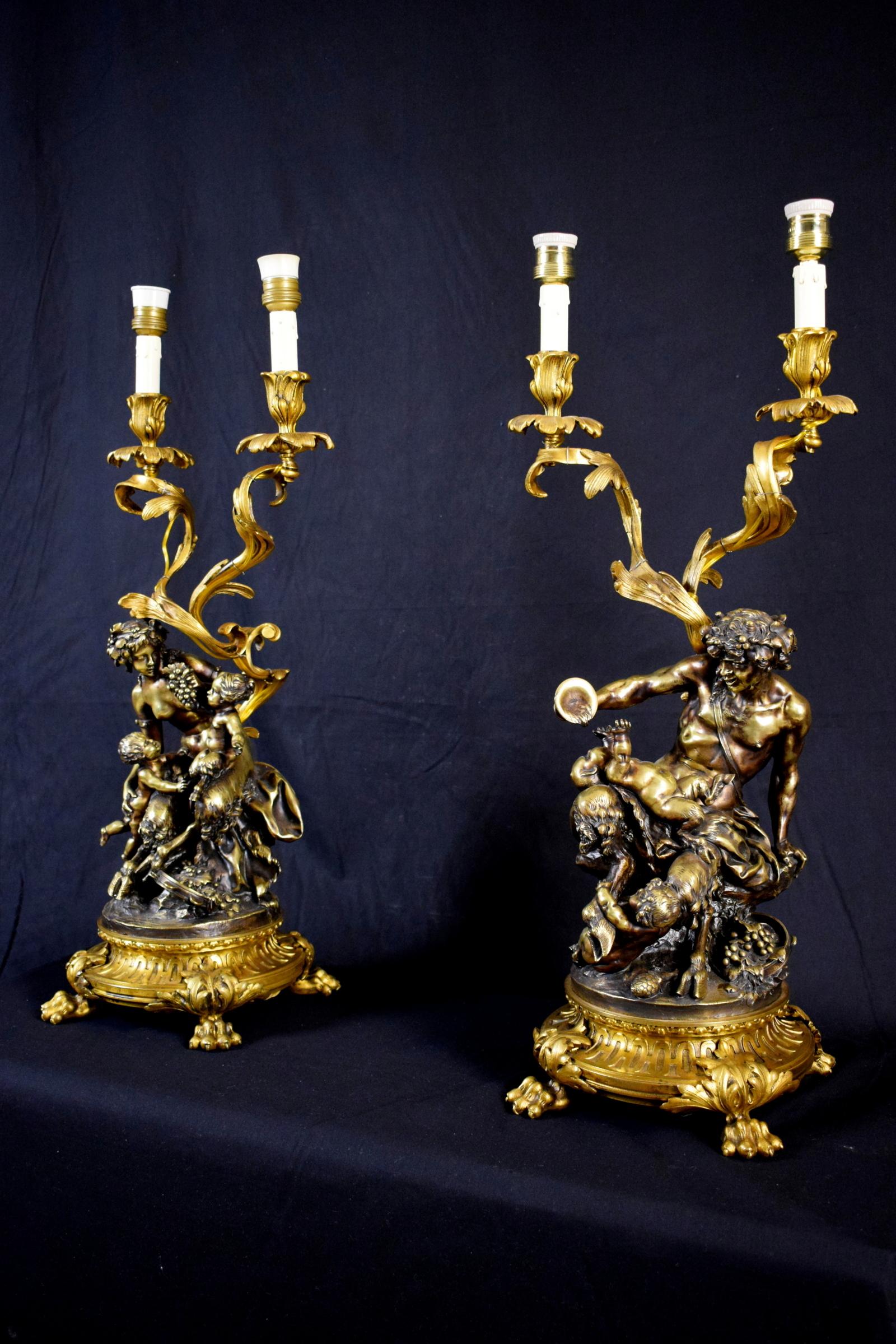 Gilt 19th Century Pair of French Bronze Candlesticks Lamps Signed Clodion  For Sale