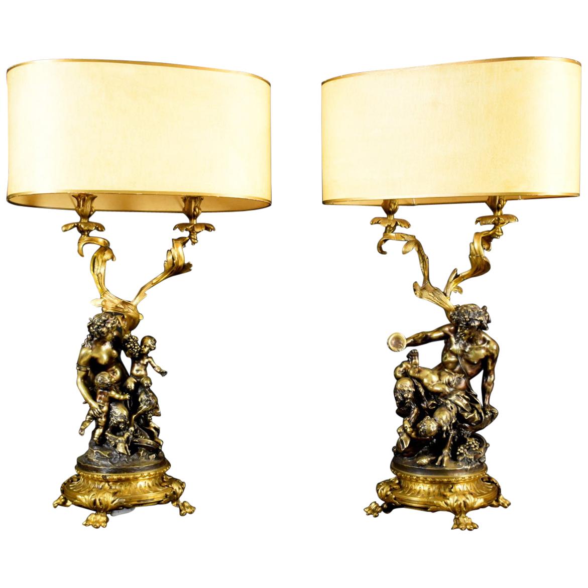 19th Century Pair of French Bronze Candlesticks Lamps Signed Clodion  For Sale