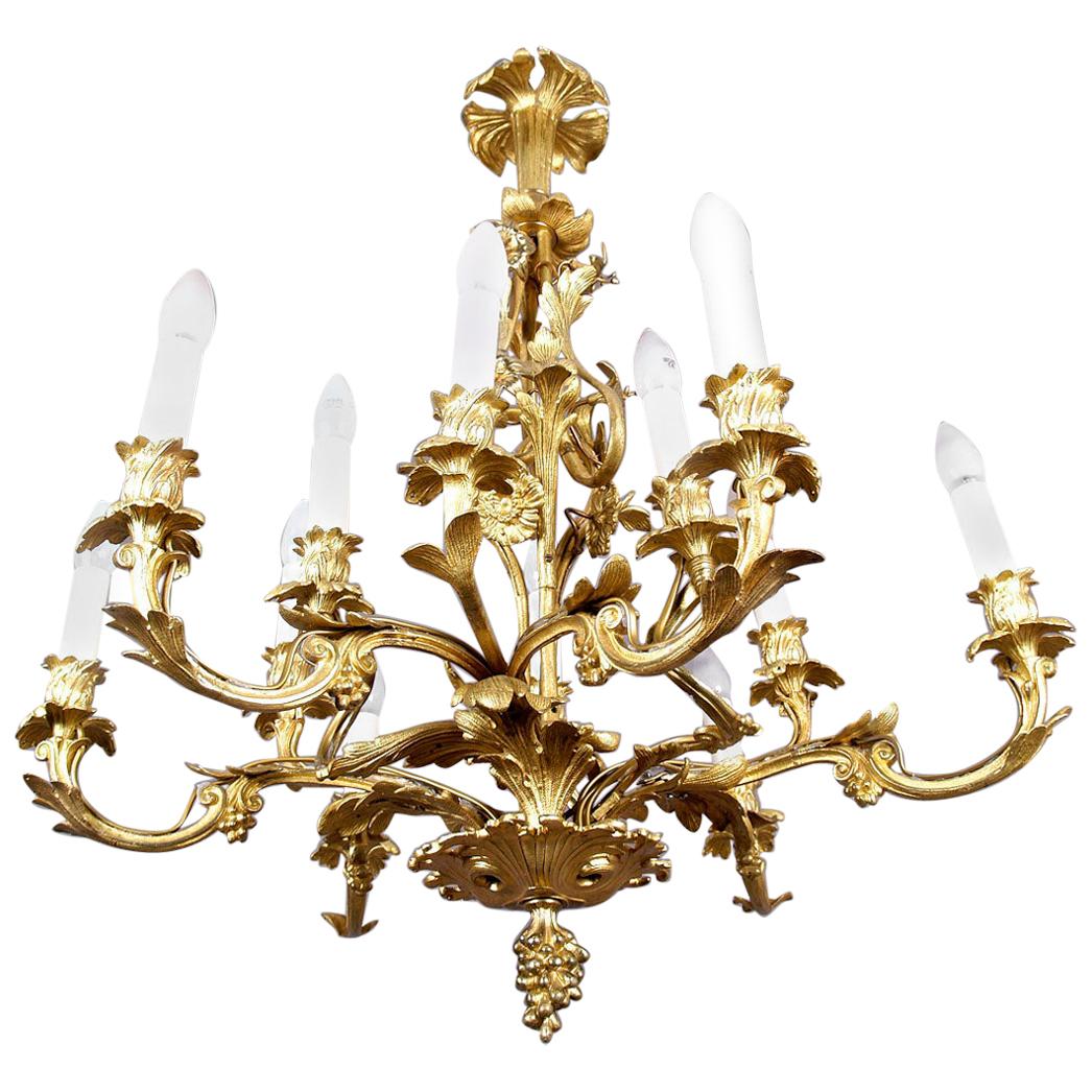 19th Century Gilded Bronze 12-Arm Candle Chandelier For Sale