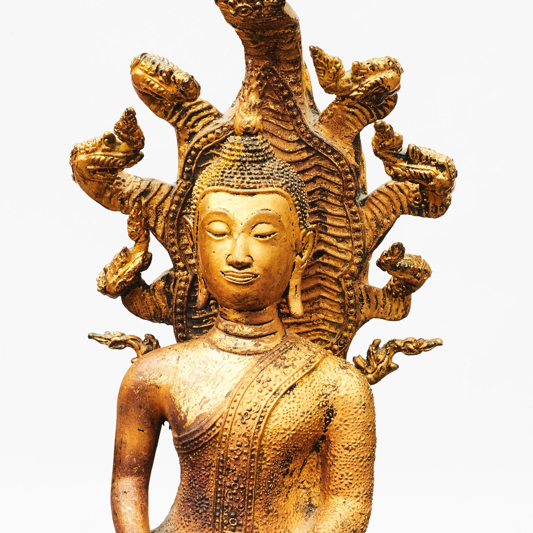 Gilt 19th Century Gilded Bronze Buddha Seated on Naga Throne