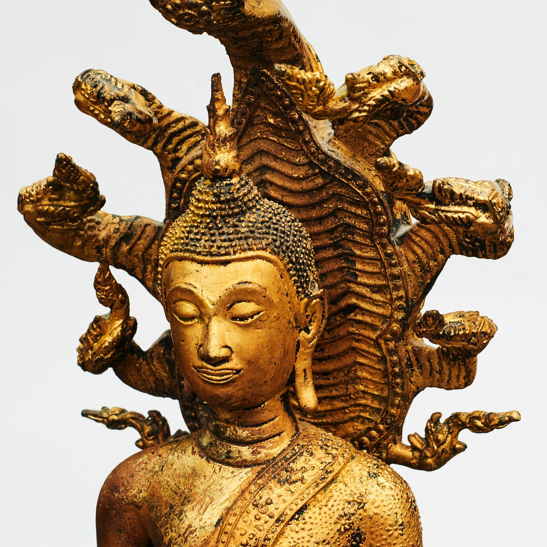 19th Century Gilded Bronze Buddha Seated on Naga Throne 1