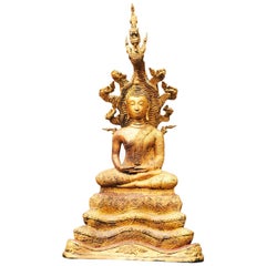 Antique 19th Century Gilded Bronze Buddha Seated on Naga Throne