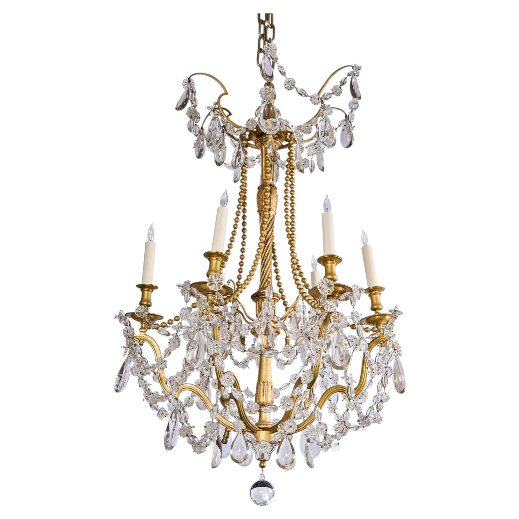 19th Century Gilded Bronze, Crystal and Gilt-wood 6 light Chandelier For Sale