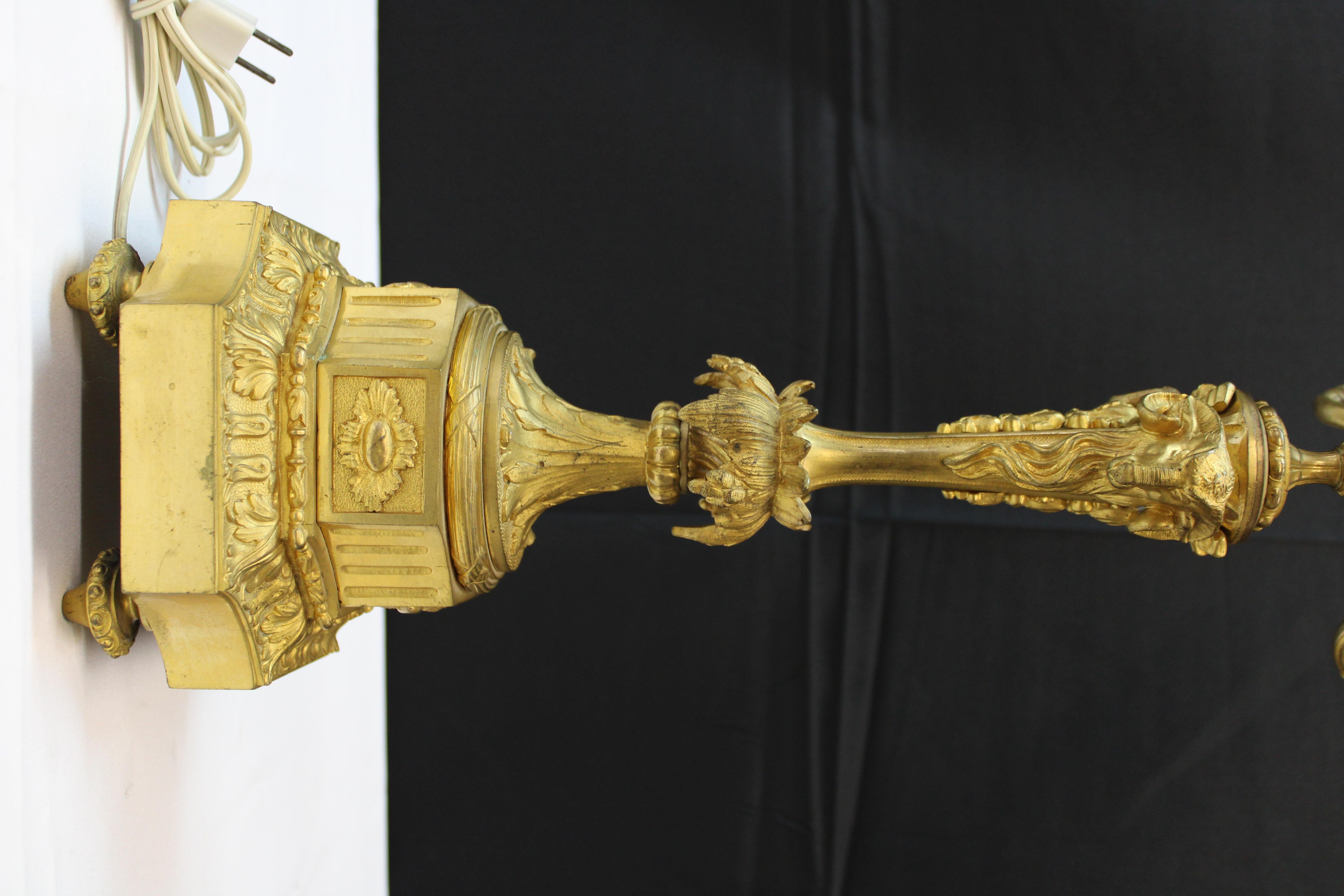 Unknown 19th Century Gilded Bronze Five-Light Lamp with Ram’s Head Decoration For Sale