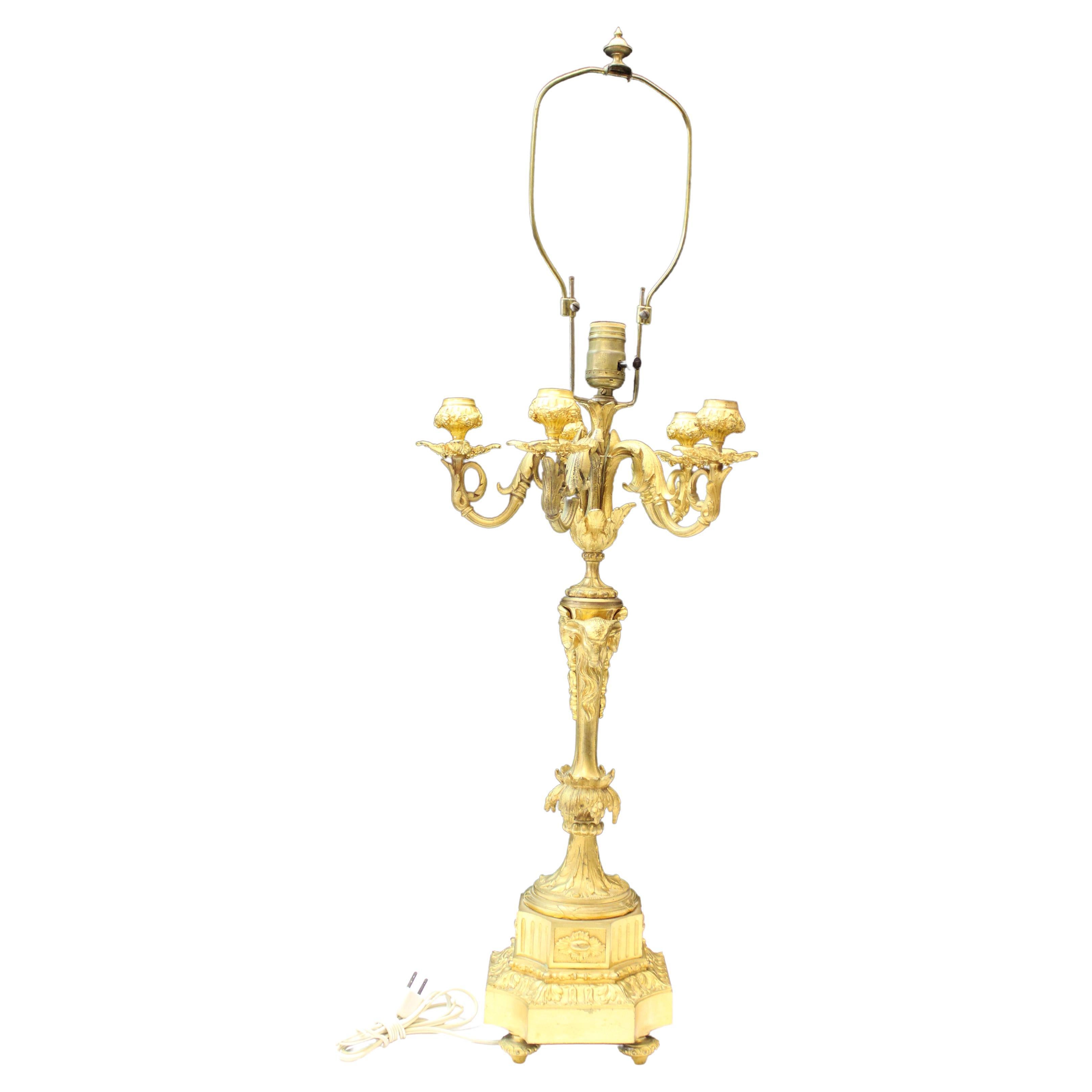 19th Century Gilded Bronze Five-Light Lamp with Ram’s Head Decoration