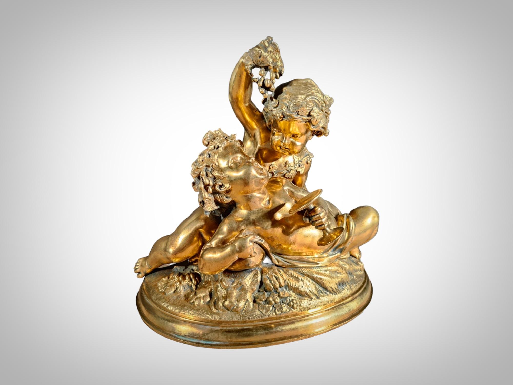 19th Century Gilded Bronze Sculpture: Allegory of Harvest with Two Children In Good Condition For Sale In Madrid, ES