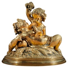 Sculpture en bronze doré du 19ème siècle : Allégorie de la moisson avec deux enfants
