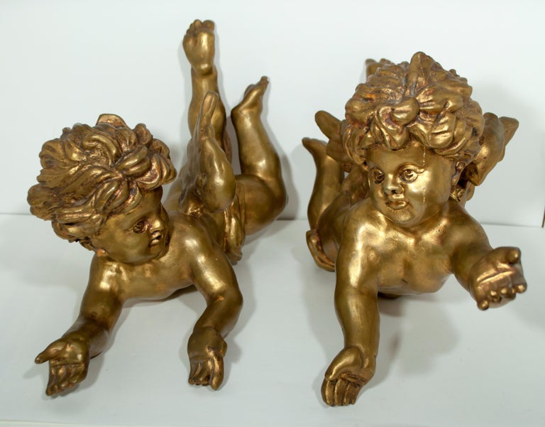 19th Century Gilded Hand Carved Wood Italian Pair of Putti, 1890 at 1stDibs