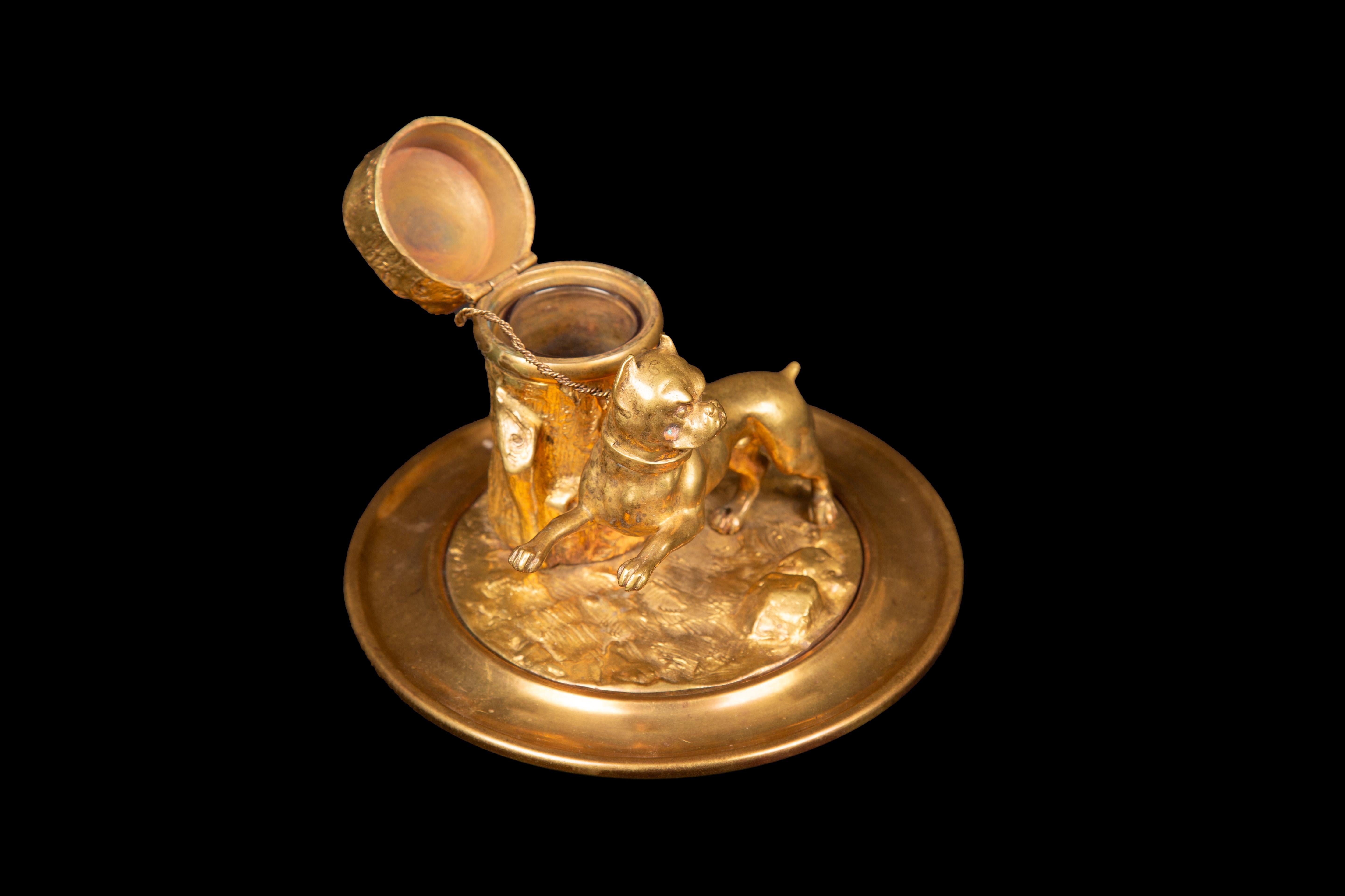 Napoleon III 19th Century Gilded Inkwell Depicting a Bulldog Tied to Tree Stump For Sale