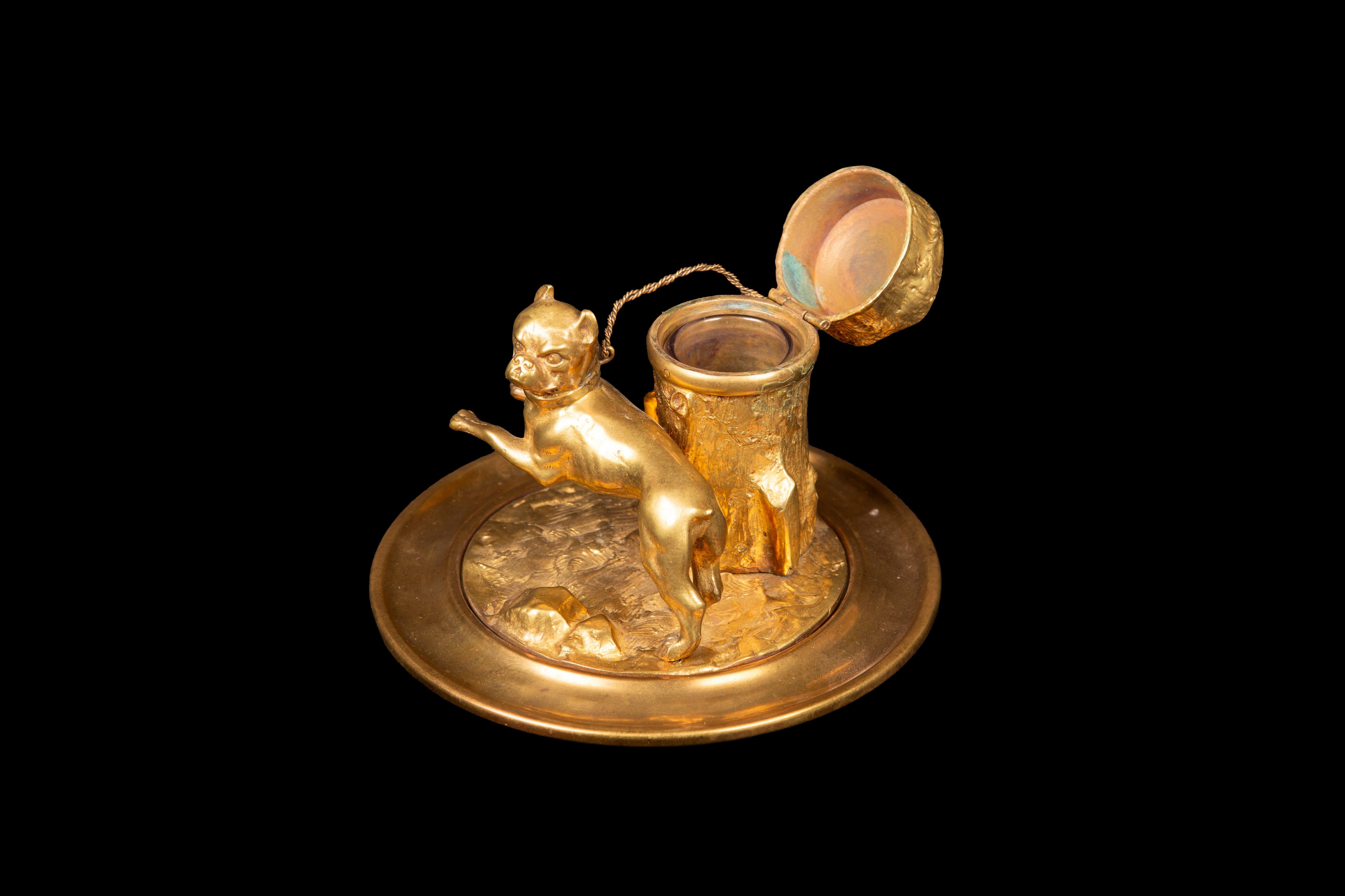 French 19th Century Gilded Inkwell Depicting a Bulldog Tied to Tree Stump For Sale