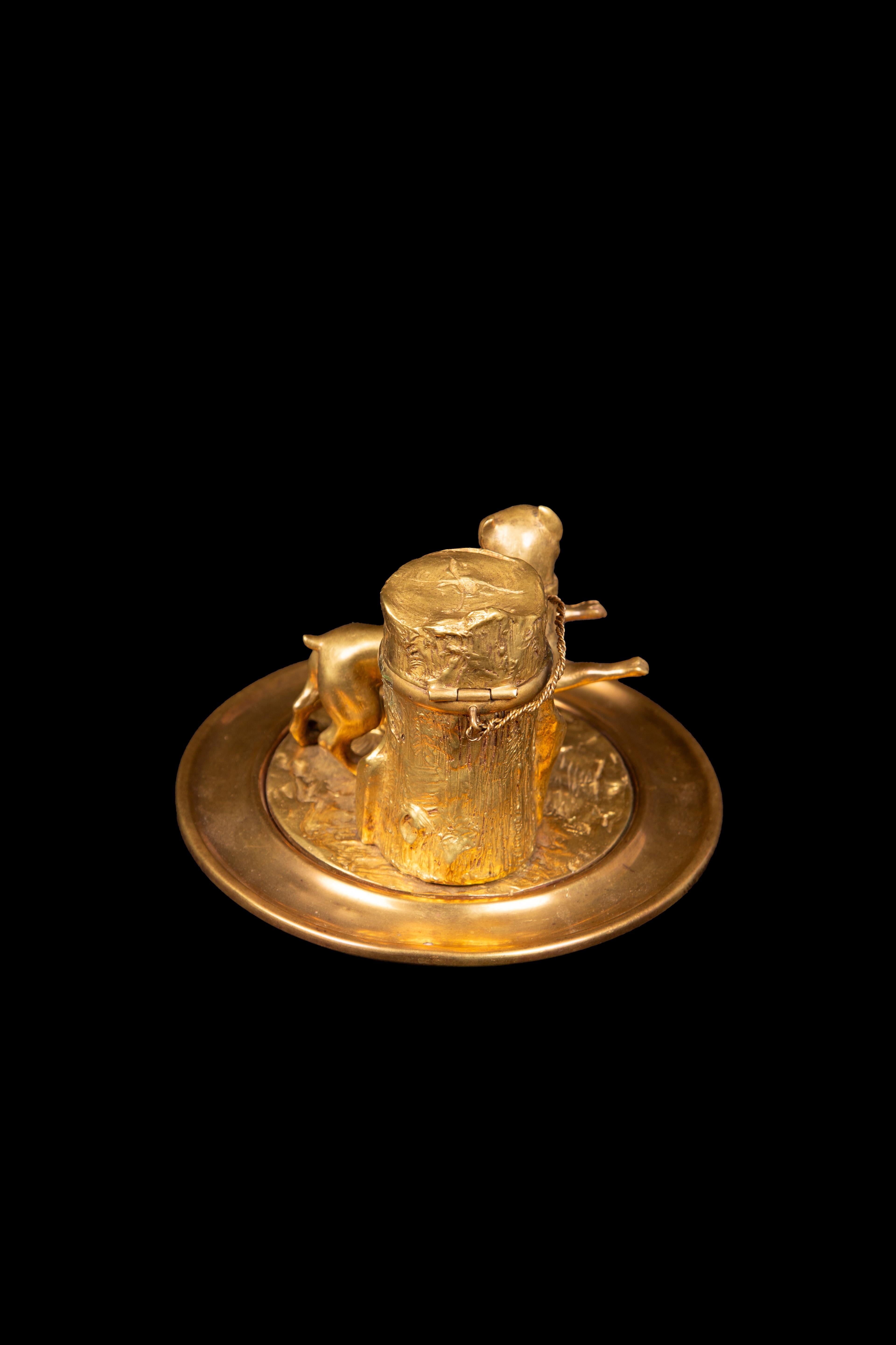 Gilt 19th Century Gilded Inkwell Depicting a Bulldog Tied to Tree Stump For Sale