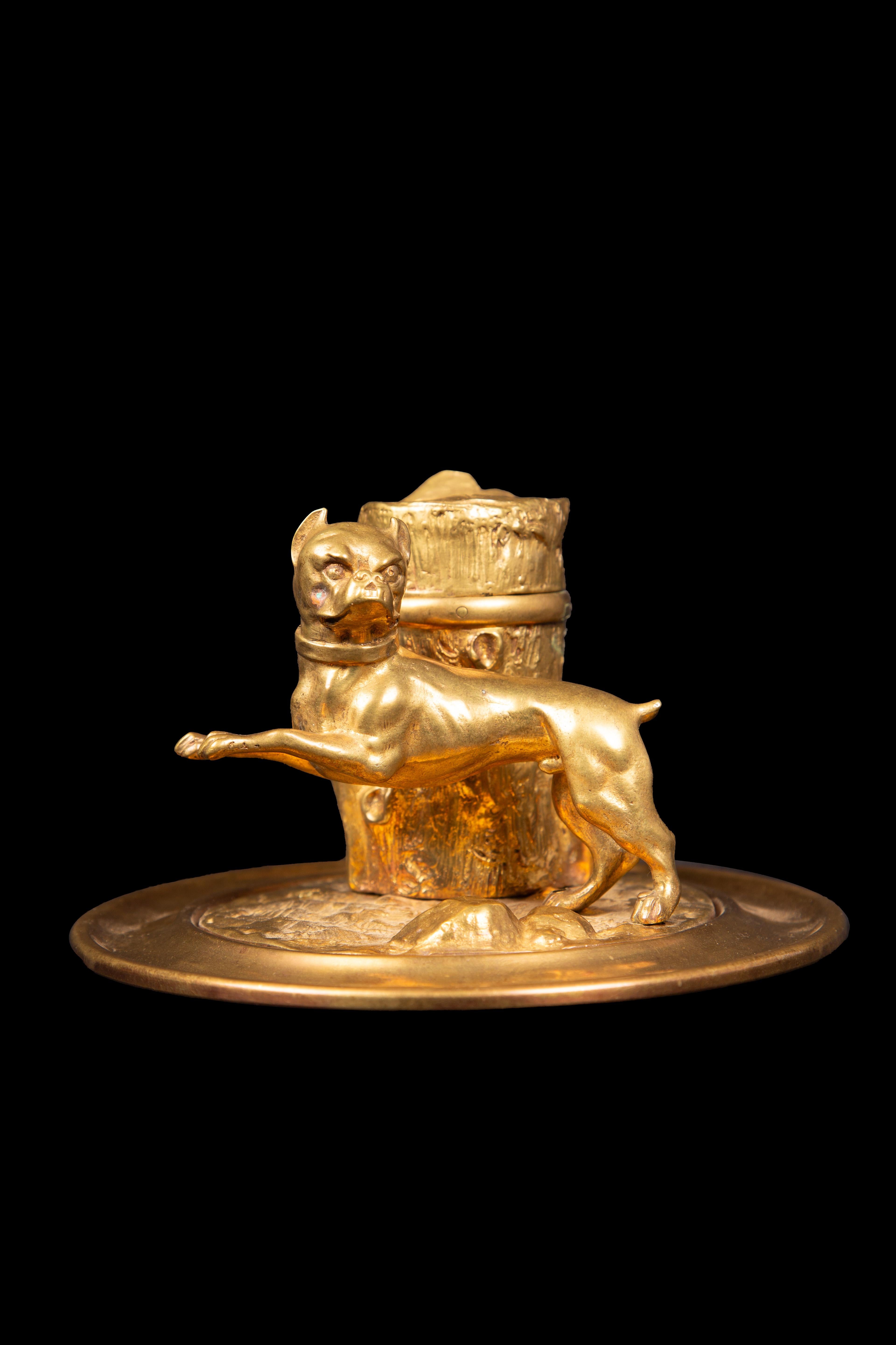 19th Century Gilded Inkwell Depicting a Bulldog Tied to Tree Stump In Excellent Condition For Sale In New York, NY