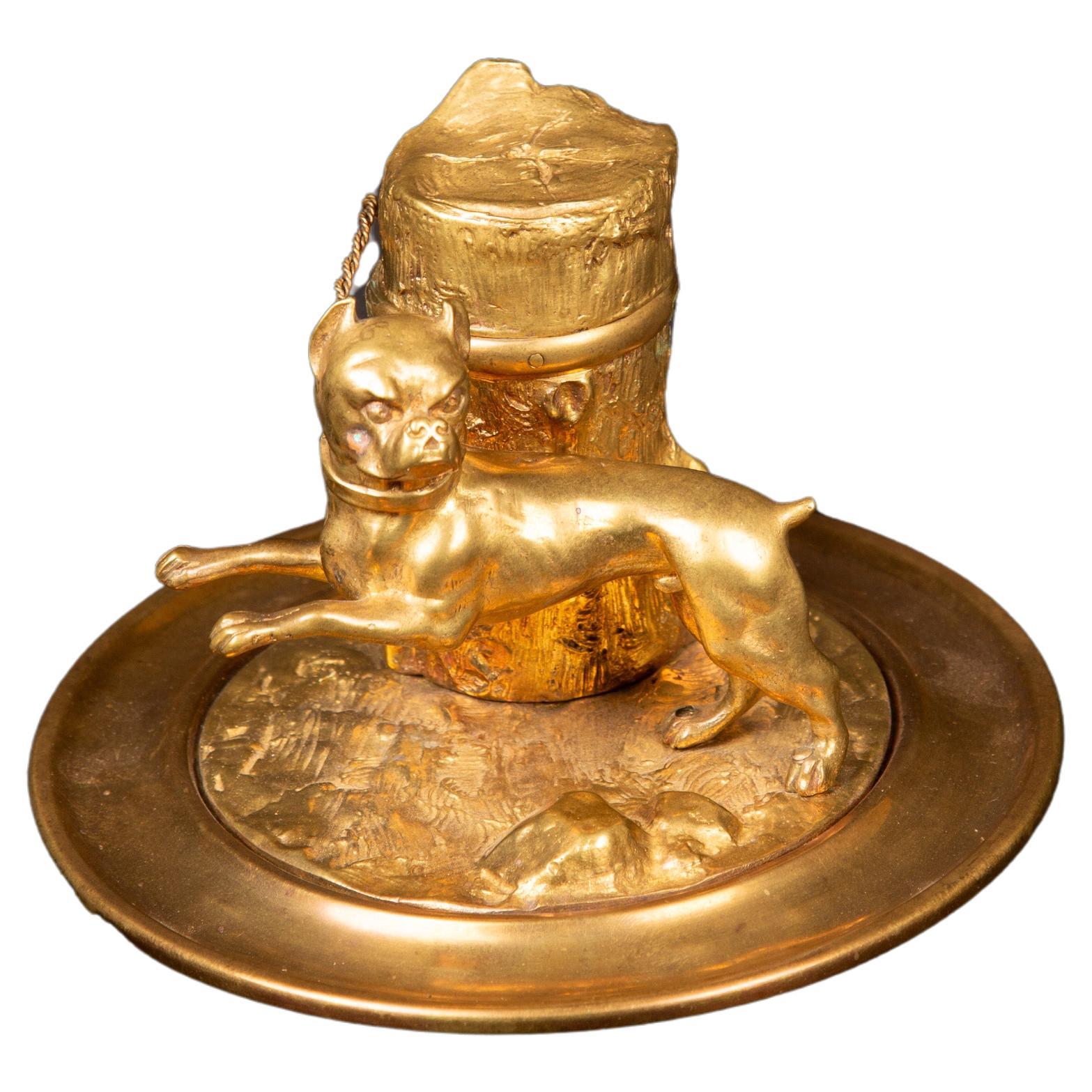 19th Century Gilded Inkwell Depicting a Bulldog Tied to Tree Stump For Sale