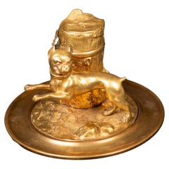 Antique 19th Century Gilded Inkwell Depicting a Bulldog Tied to Tree Stump