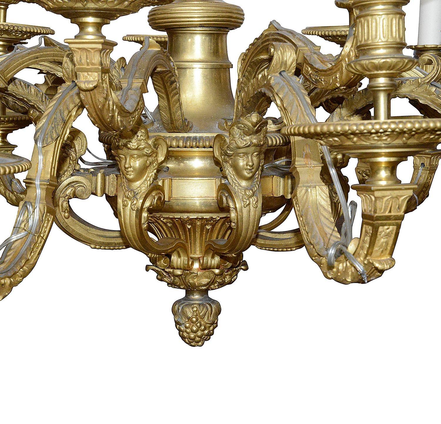 A very impressive 19th Century gilded ormolu Louis XVI style 18 branch chandelier, having classical monopodia mounts to the central column.

Batch 74