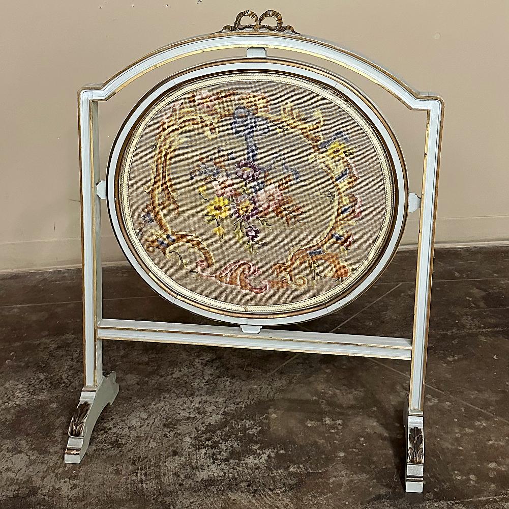 Hand-Painted 19th Century Gilded & Painted French Louis XVI Firescreen with Tapestry For Sale