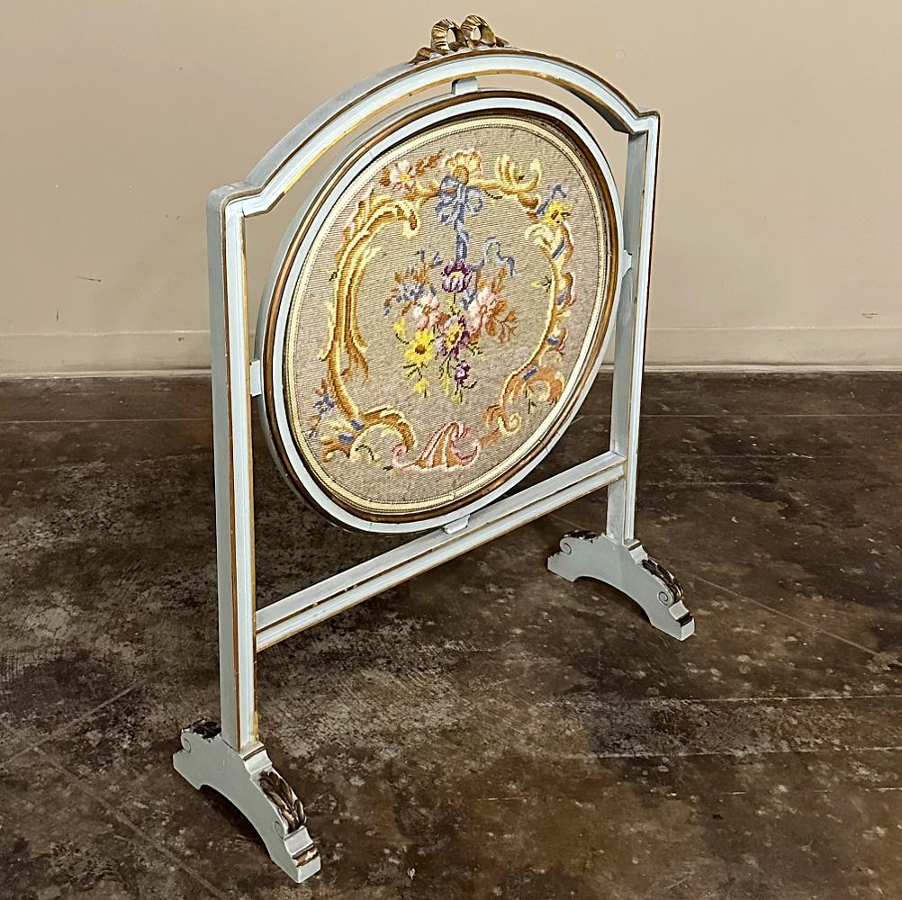 19th Century Gilded & Painted French Louis XVI Firescreen with Tapestry In Good Condition For Sale In Dallas, TX