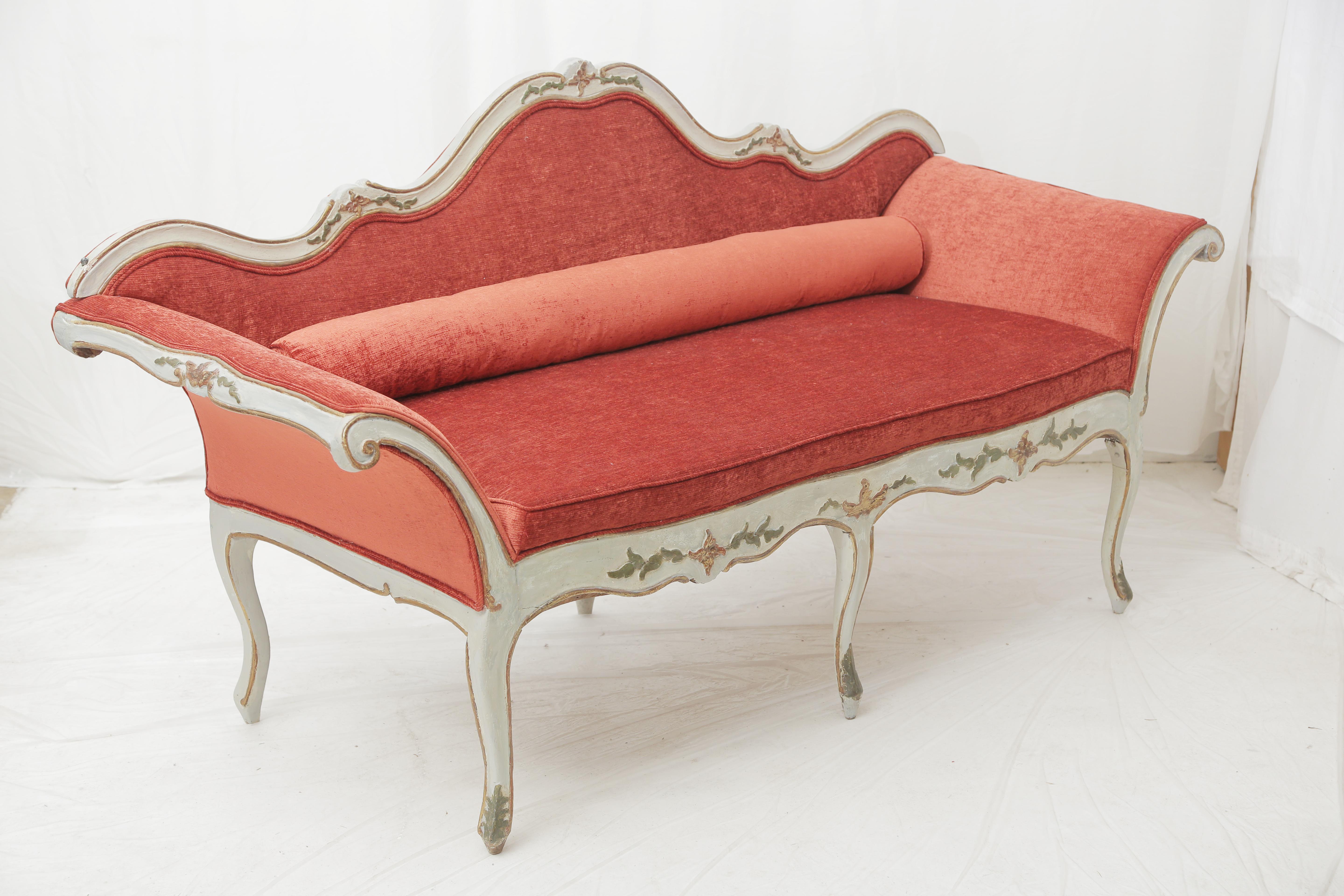 19th Century Gilded and Painted Grey Italian Sofa Pale Orange  Velvet Upholstery For Sale 3