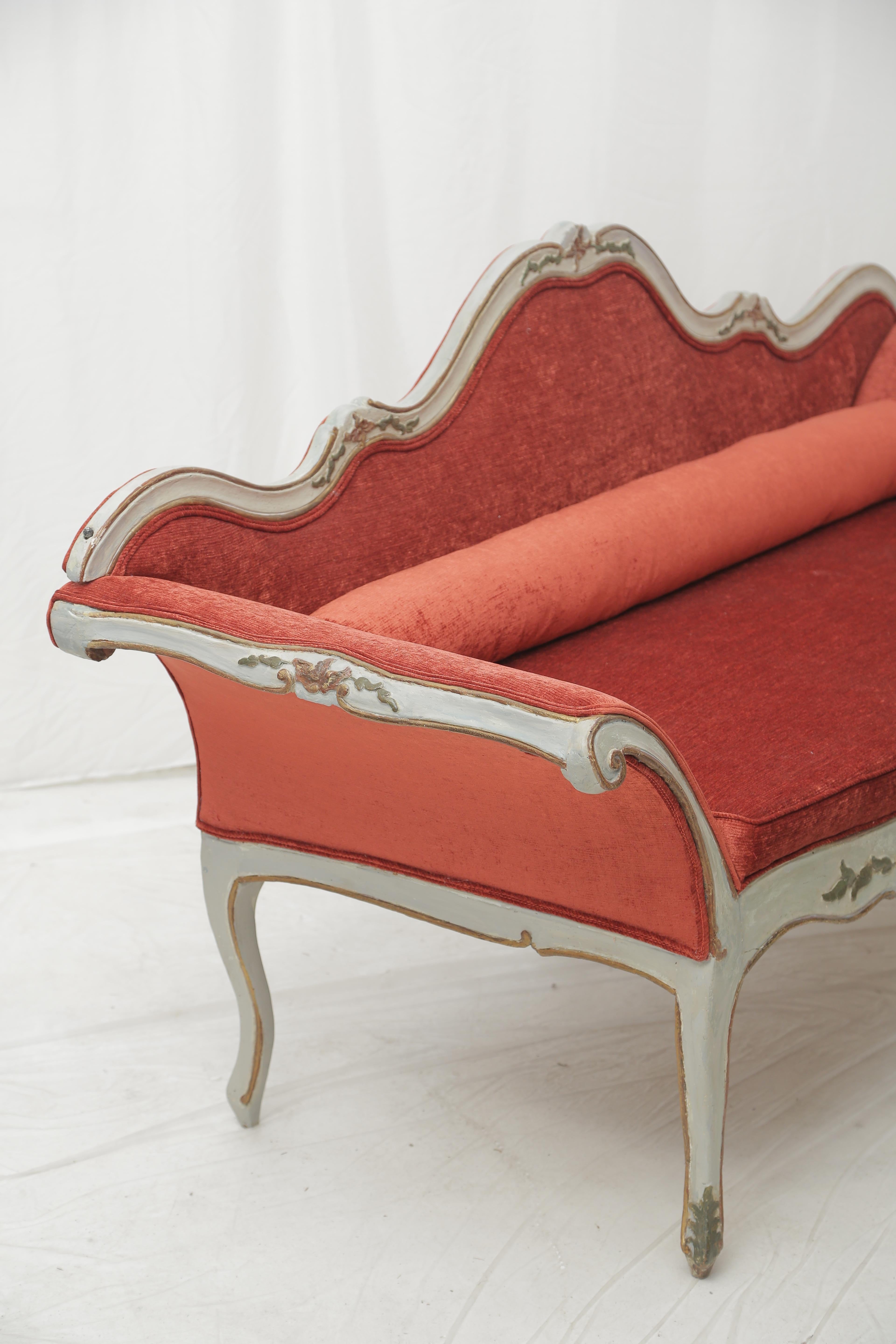 19th Century Gilded and Painted Grey Italian Sofa Pale Orange  Velvet Upholstery For Sale 4