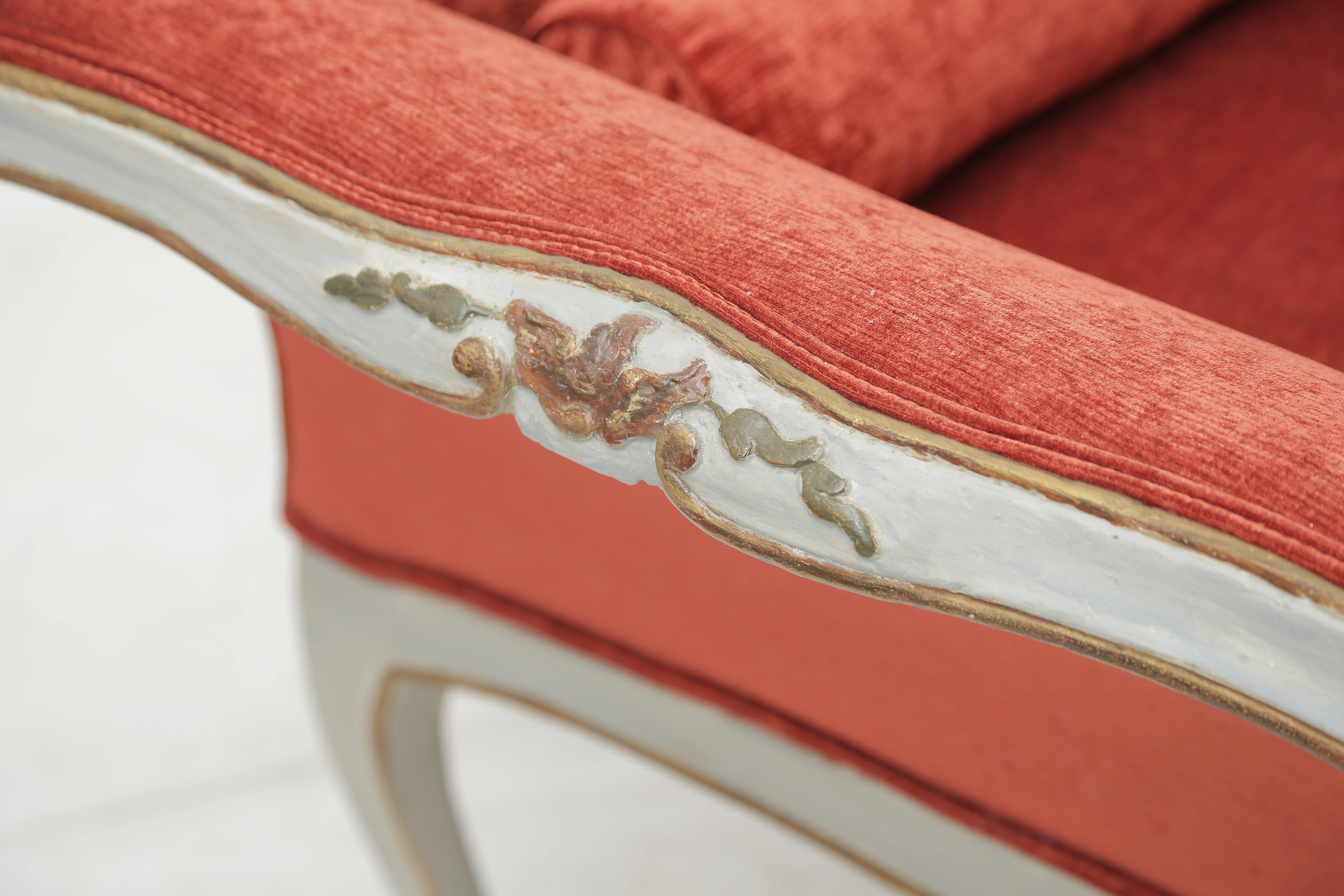 19th Century Gilded and Painted Grey Italian Sofa Pale Orange  Velvet Upholstery For Sale 5