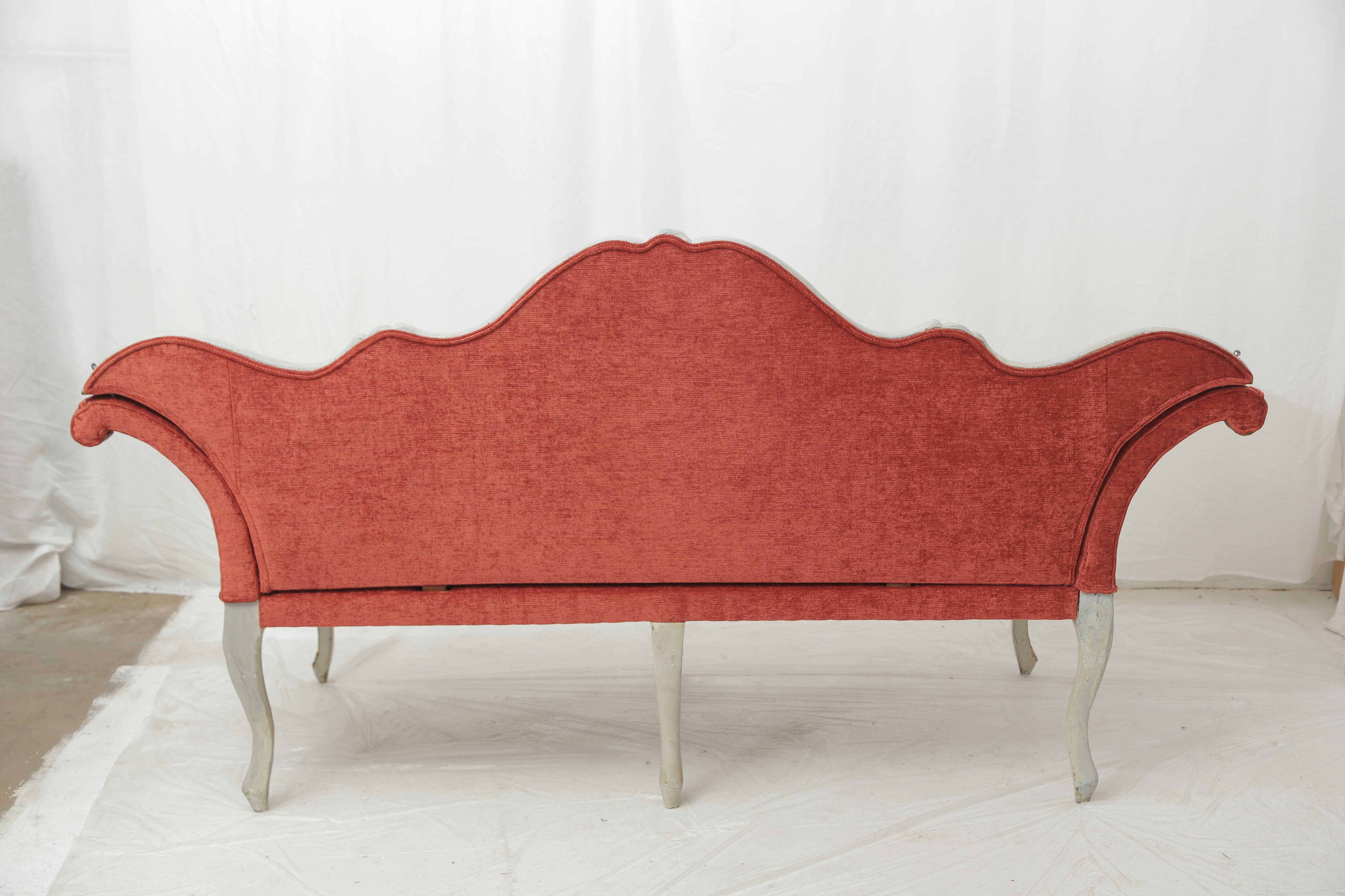 19th Century Gilded and Painted Grey Italian Sofa Pale Orange  Velvet Upholstery For Sale 6