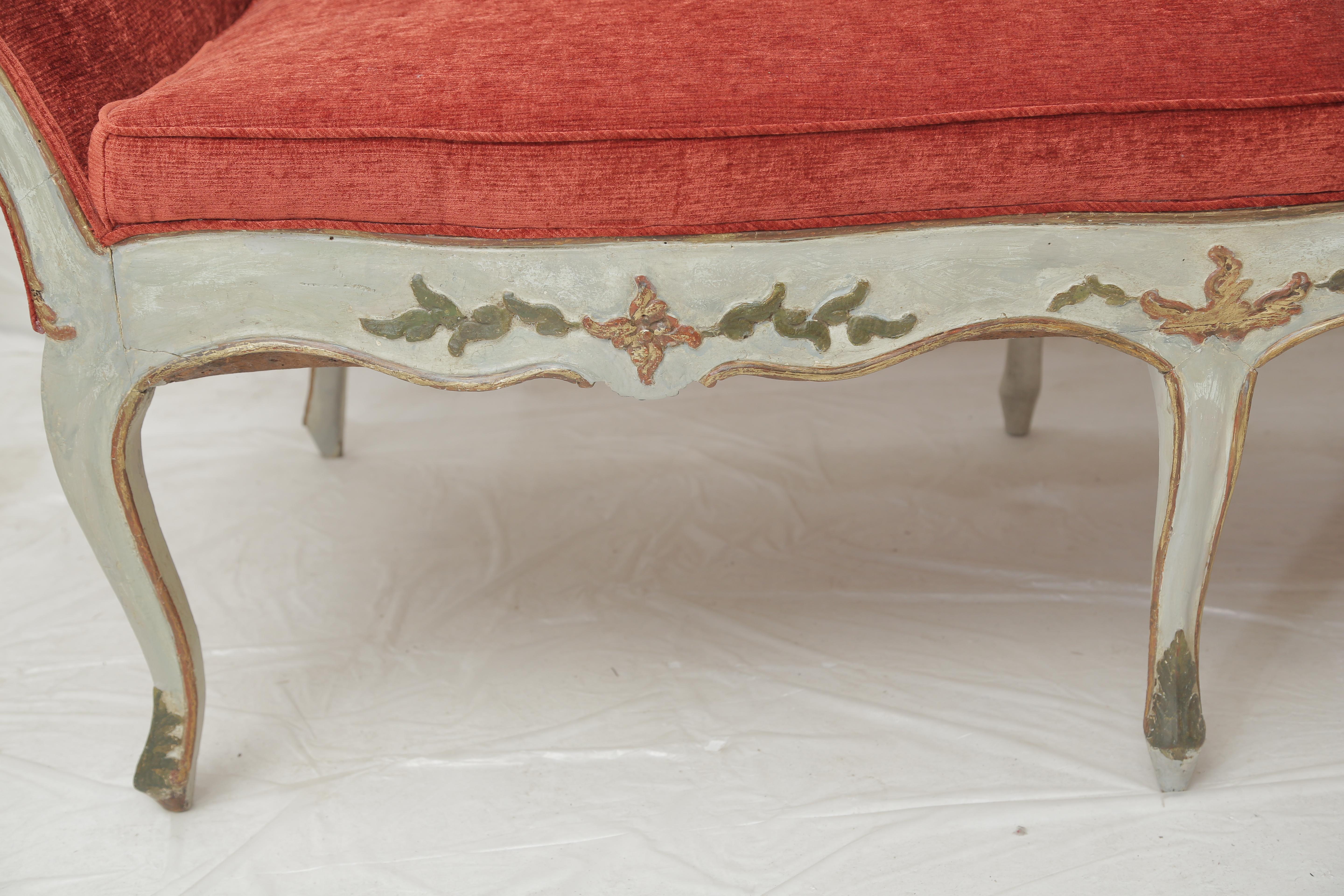 Baroque 19th Century Gilded and Painted Grey Italian Sofa Pale Orange  Velvet Upholstery For Sale