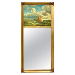 Specchio Trumeau dorato del XIX secolo con pittura marittima
