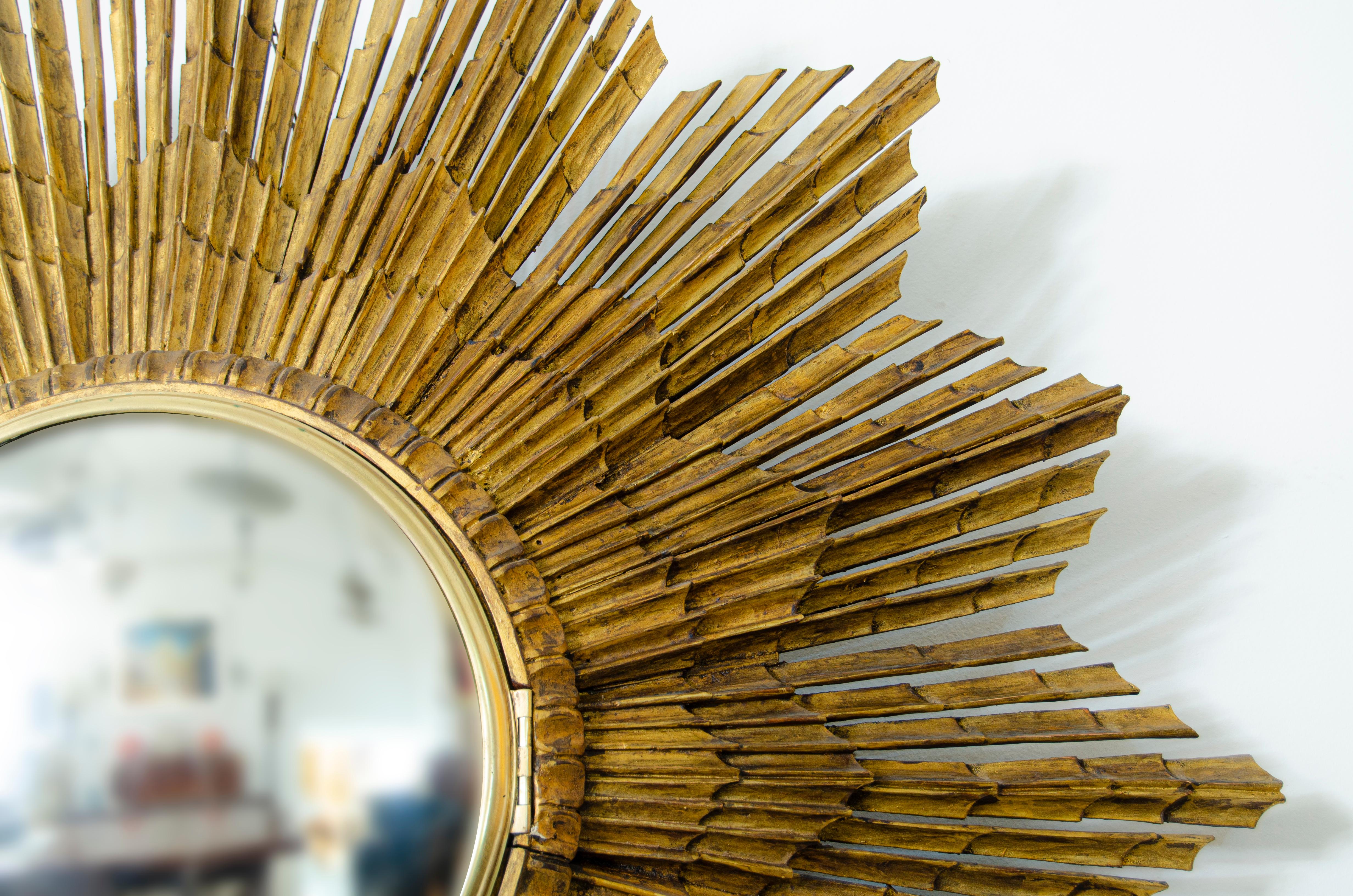 Art Nouveau 19th Century Gilded Wood Sunburst Mirror For Sale