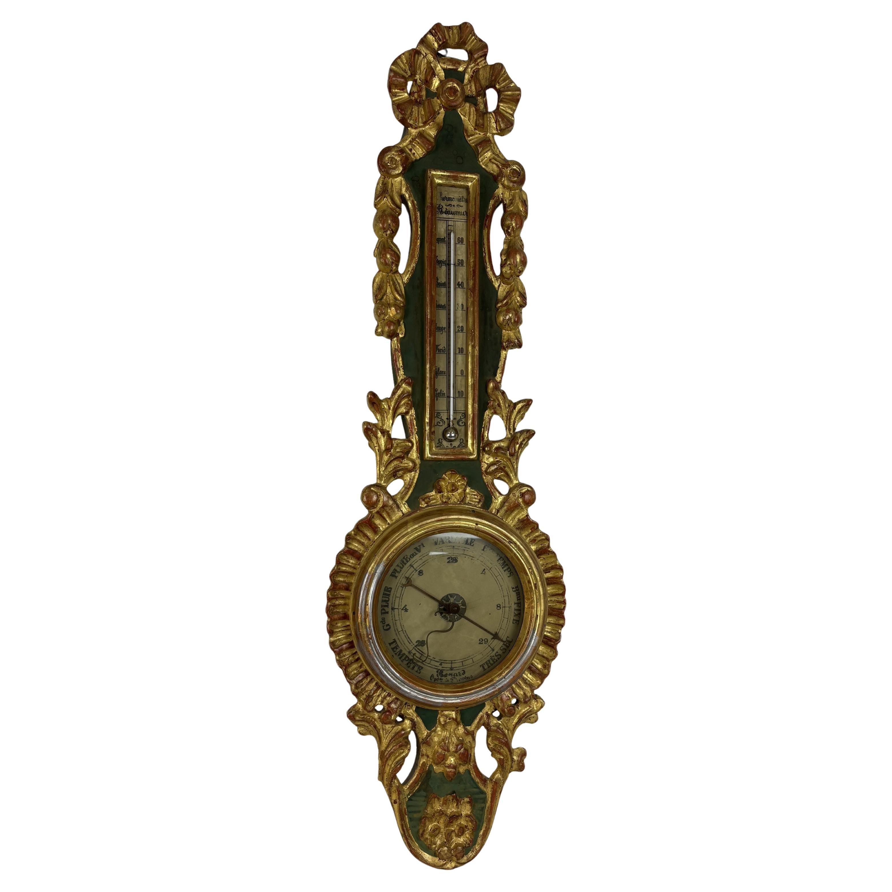Barometro-termometro in legno dorato del XIX secolo di Benard a Provins, Francia in vendita