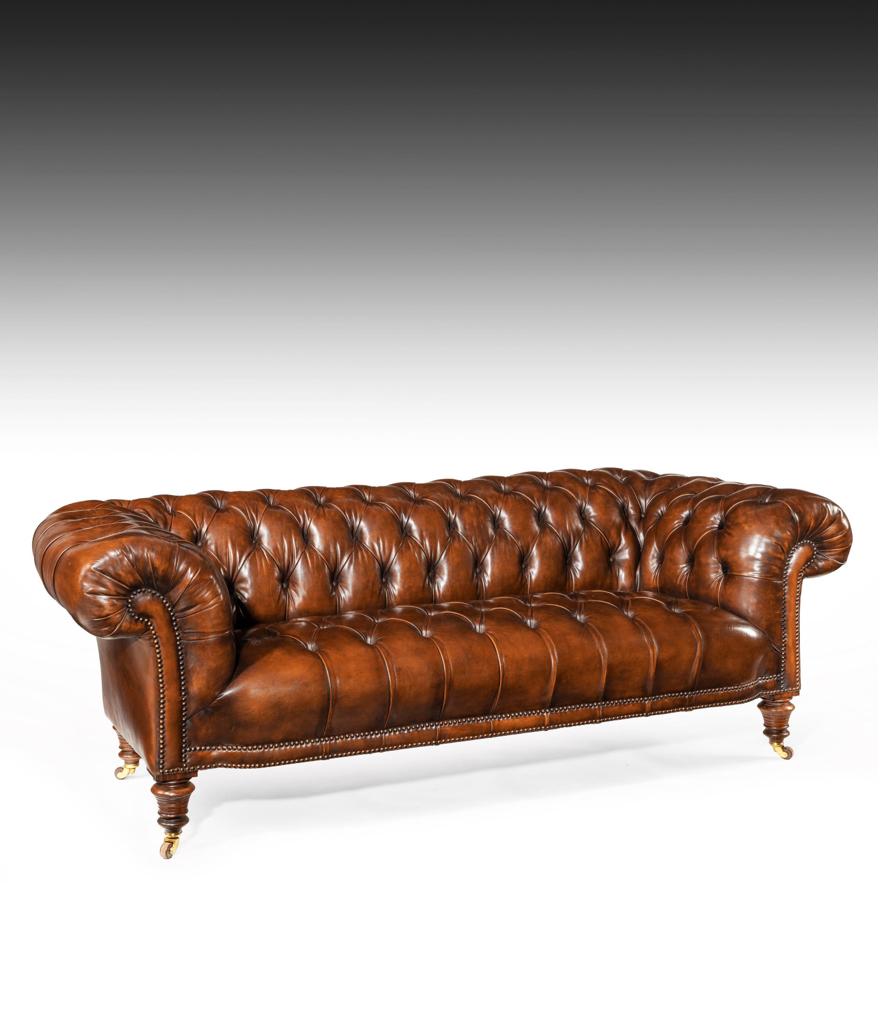 19th Century Gillows Figured Walnut Leather Chesterfield Sofa 5