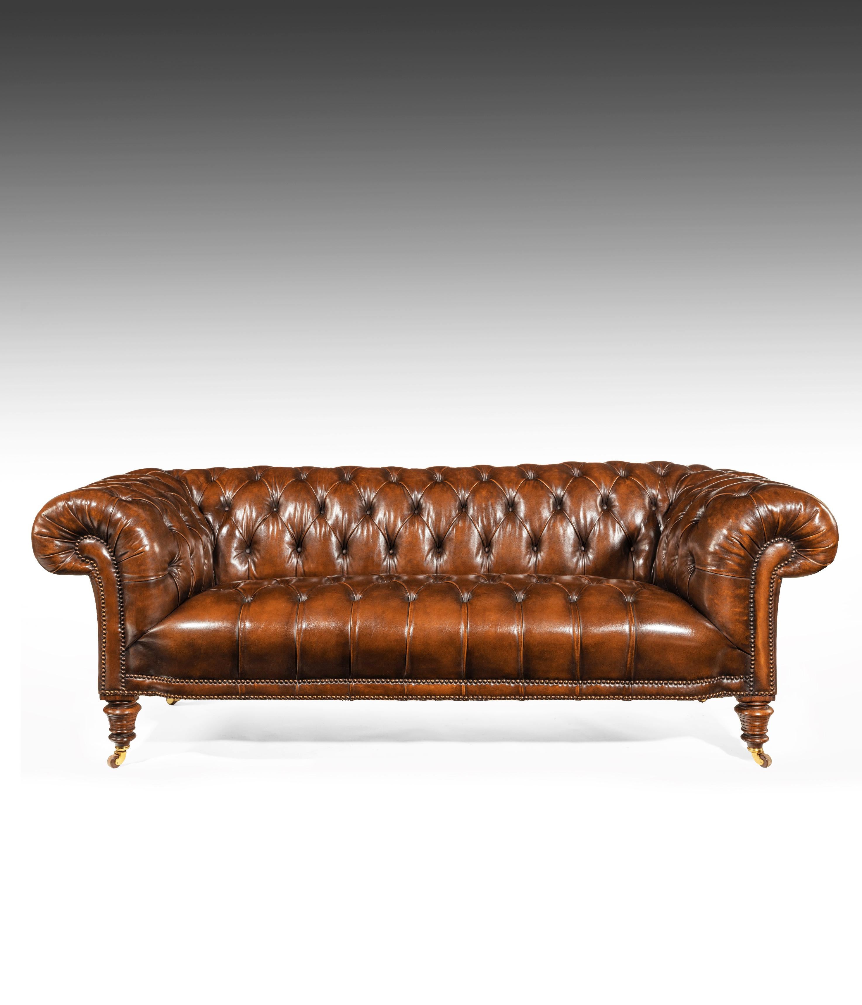 Victorian 19th Century Gillows Figured Walnut Leather Chesterfield Sofa
