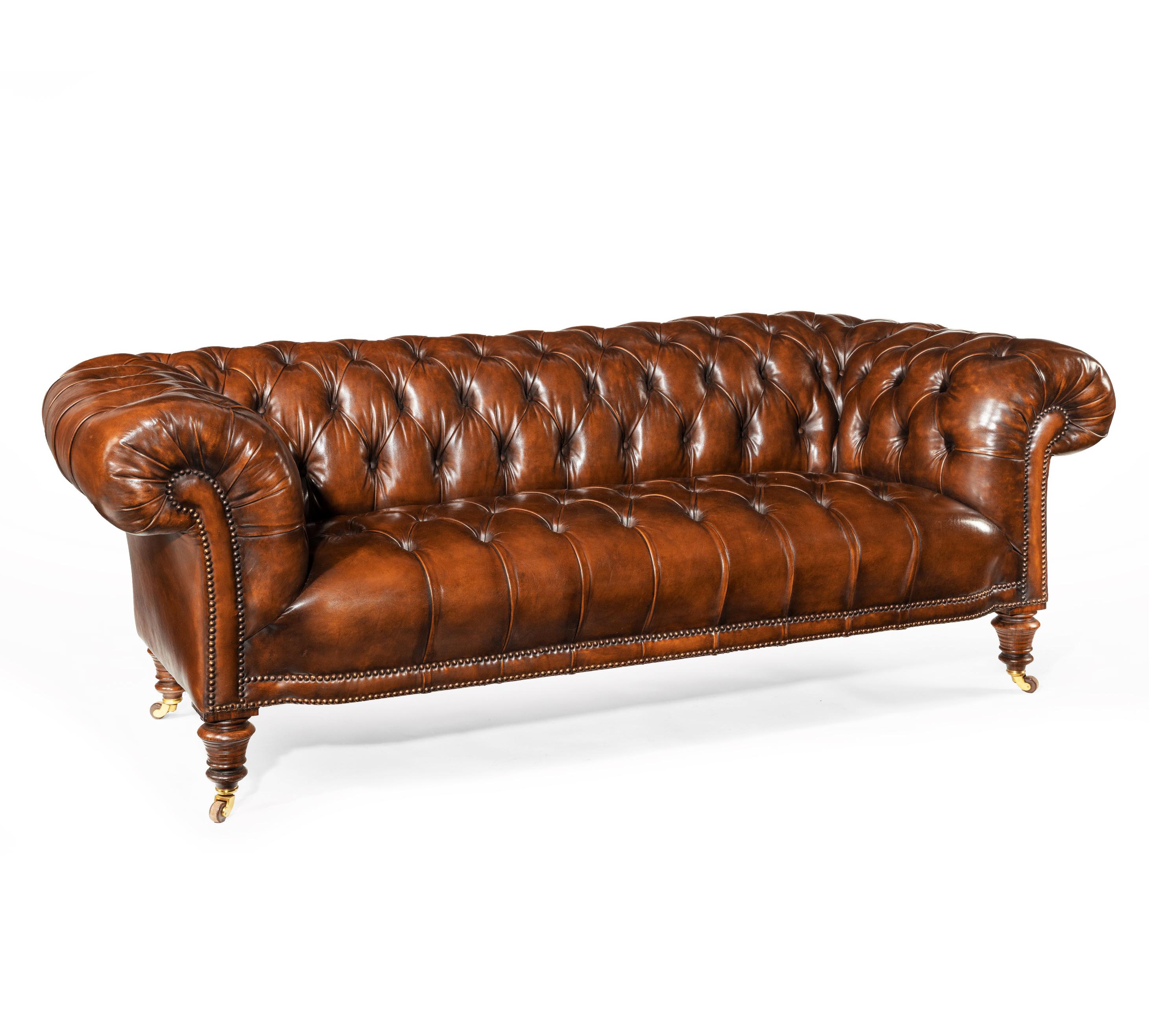 English 19th Century Gillows Figured Walnut Leather Chesterfield Sofa