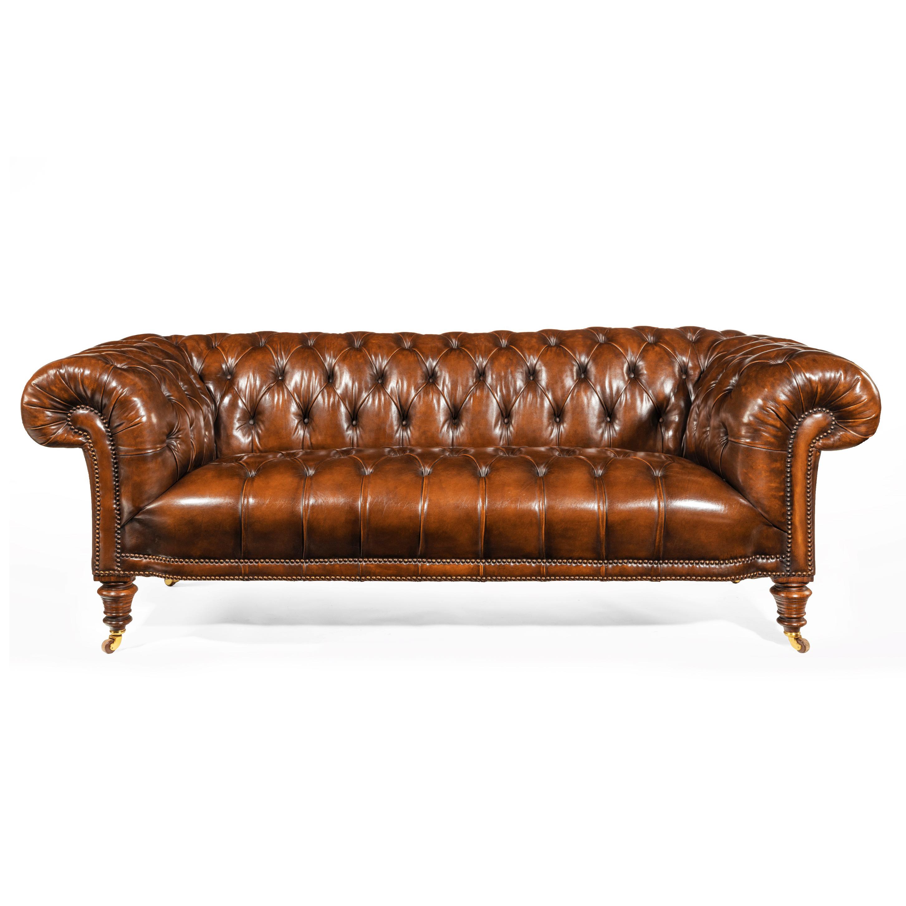 19th Century Gillows Figured Walnut Leather Chesterfield Sofa 1