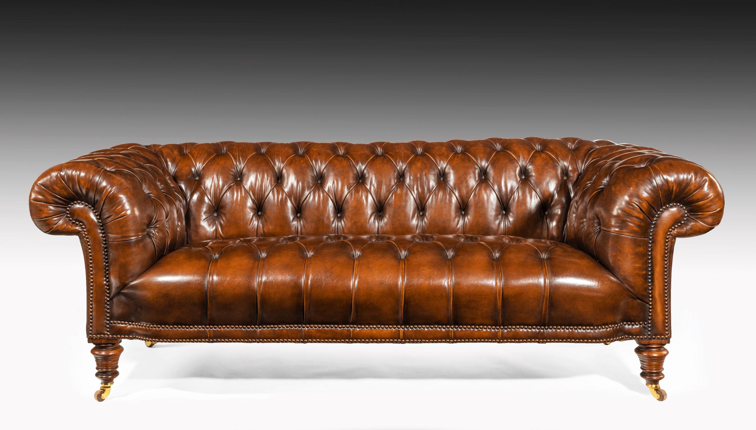 19th Century Gillows Figured Walnut Leather Chesterfield Sofa 2