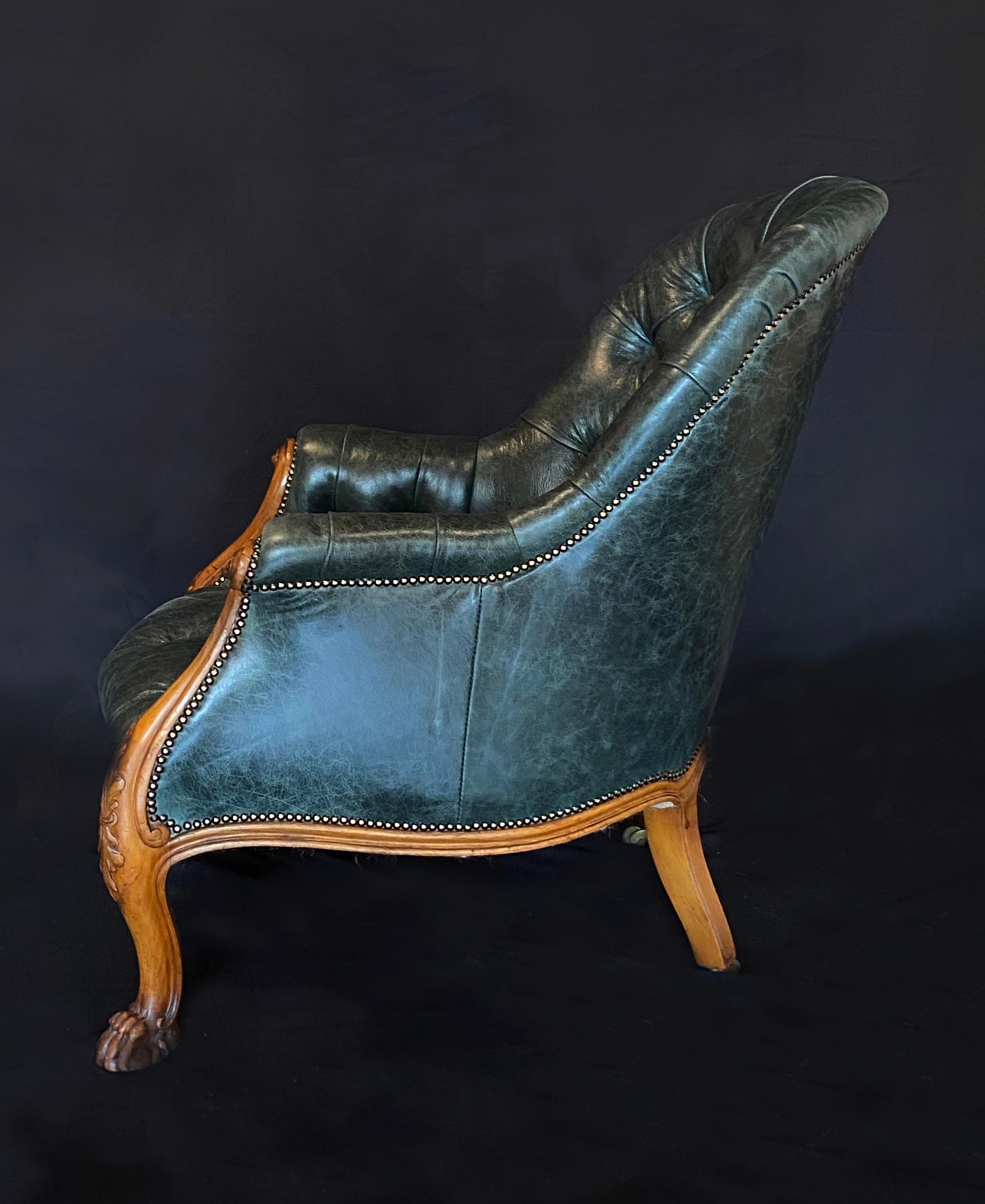 Hand-Carved 19th Century Gillows of Lancaster Walnut & Leather Upholstered Library Arm Chair For Sale