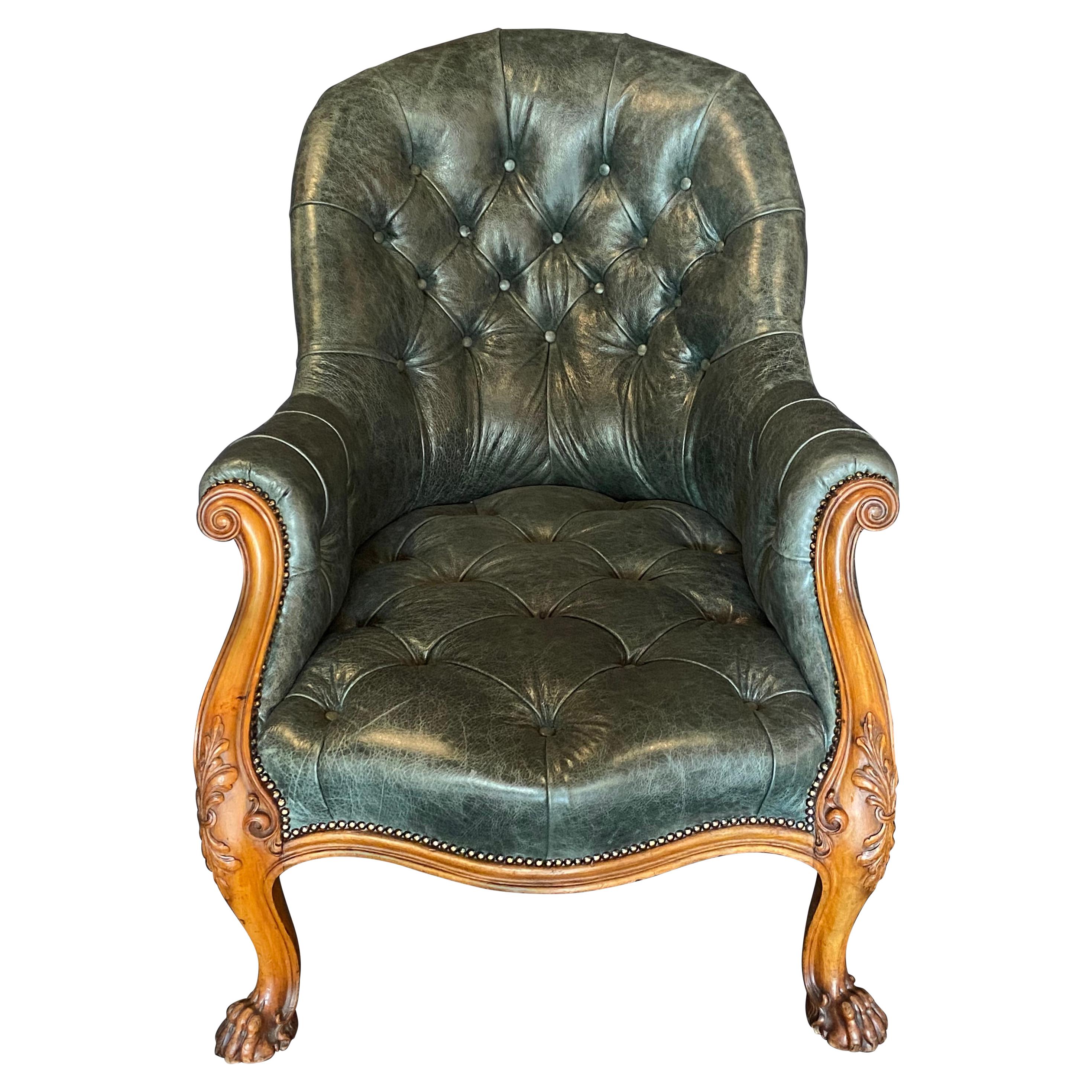 19th Century Gillows of Lancaster Walnut & Leather Upholstered Library Arm Chair