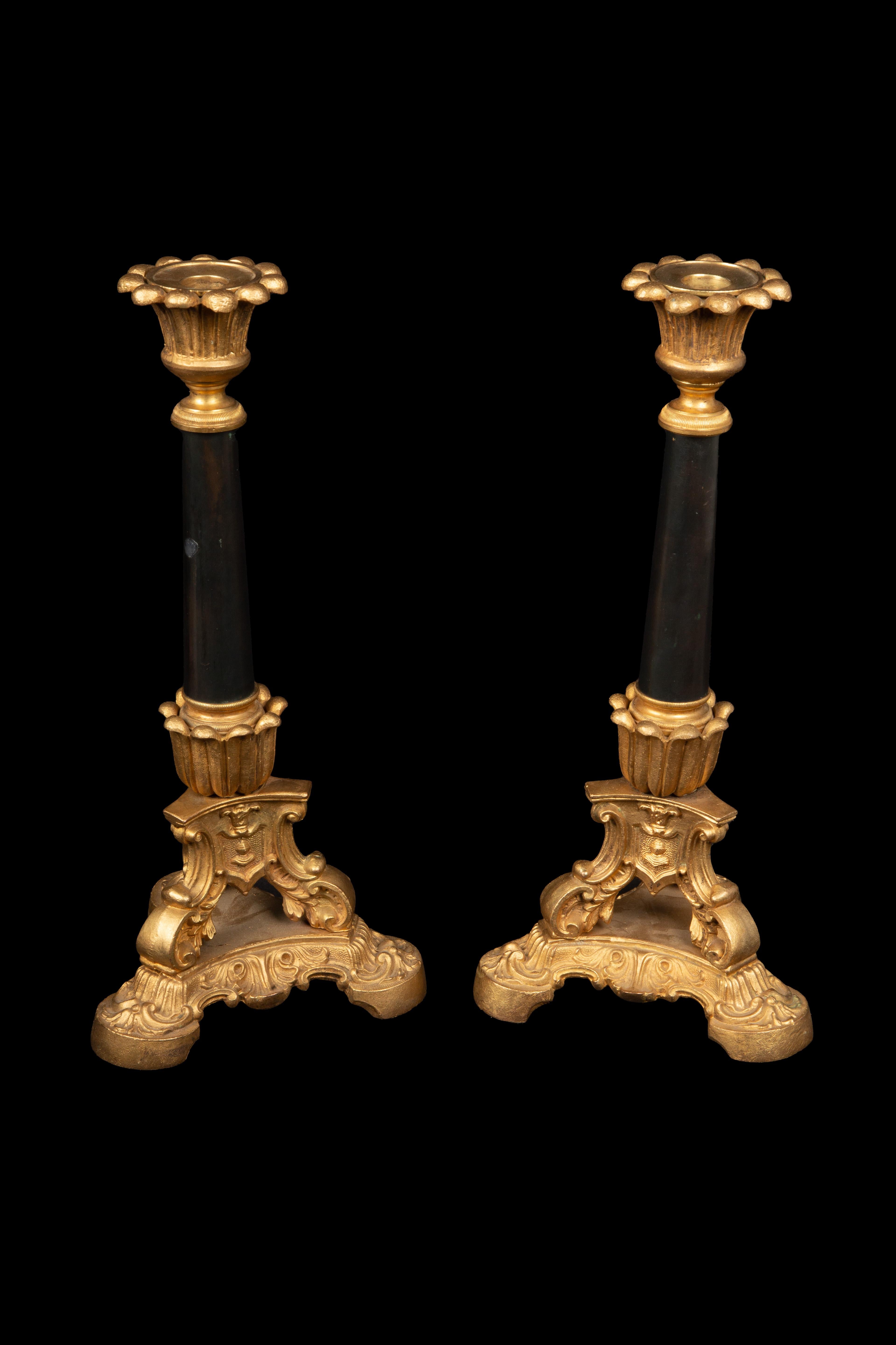 Napoleon III 19th Century Gilt and Black Patinated Candle Sticks For Sale