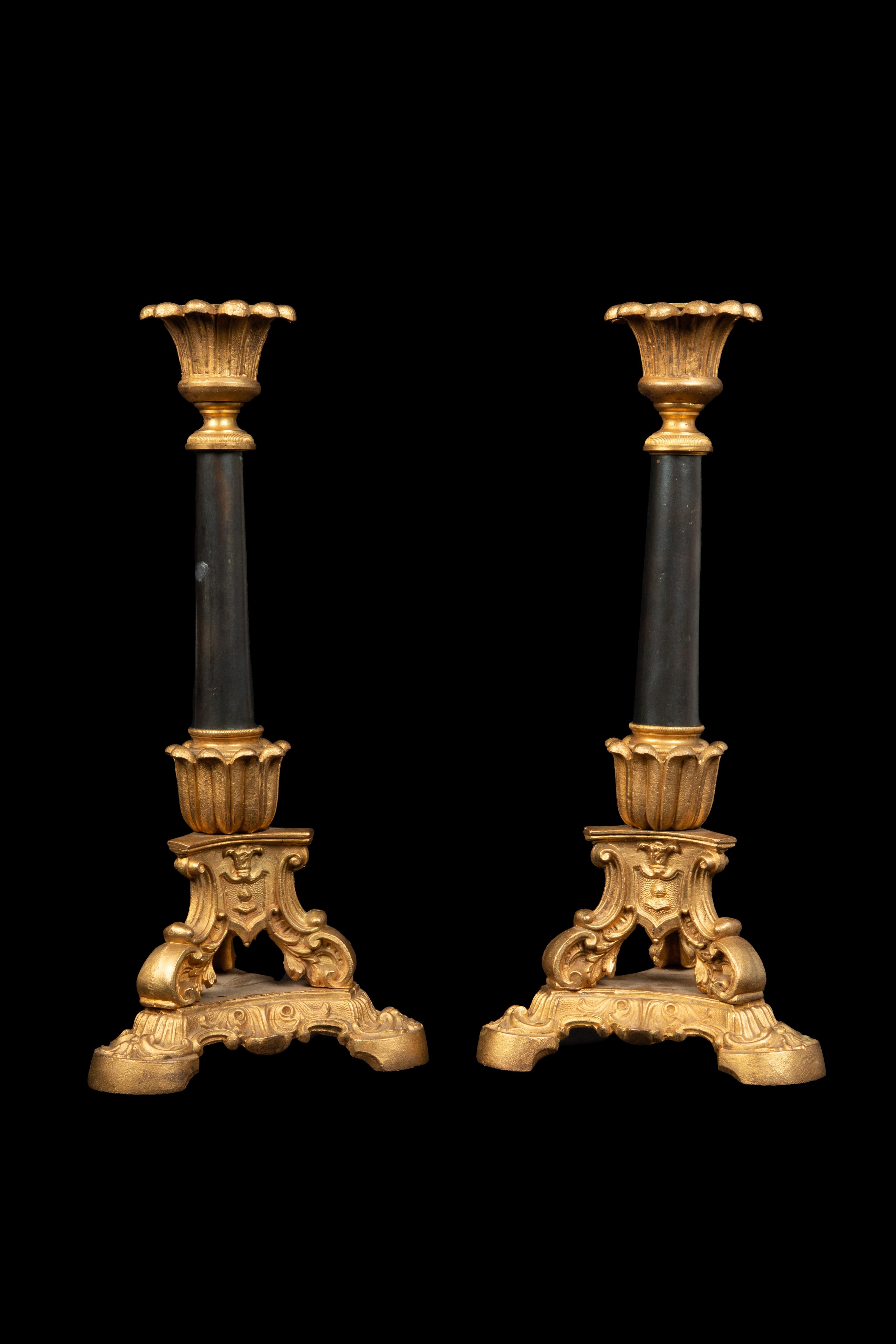 French 19th Century Gilt and Black Patinated Candle Sticks For Sale