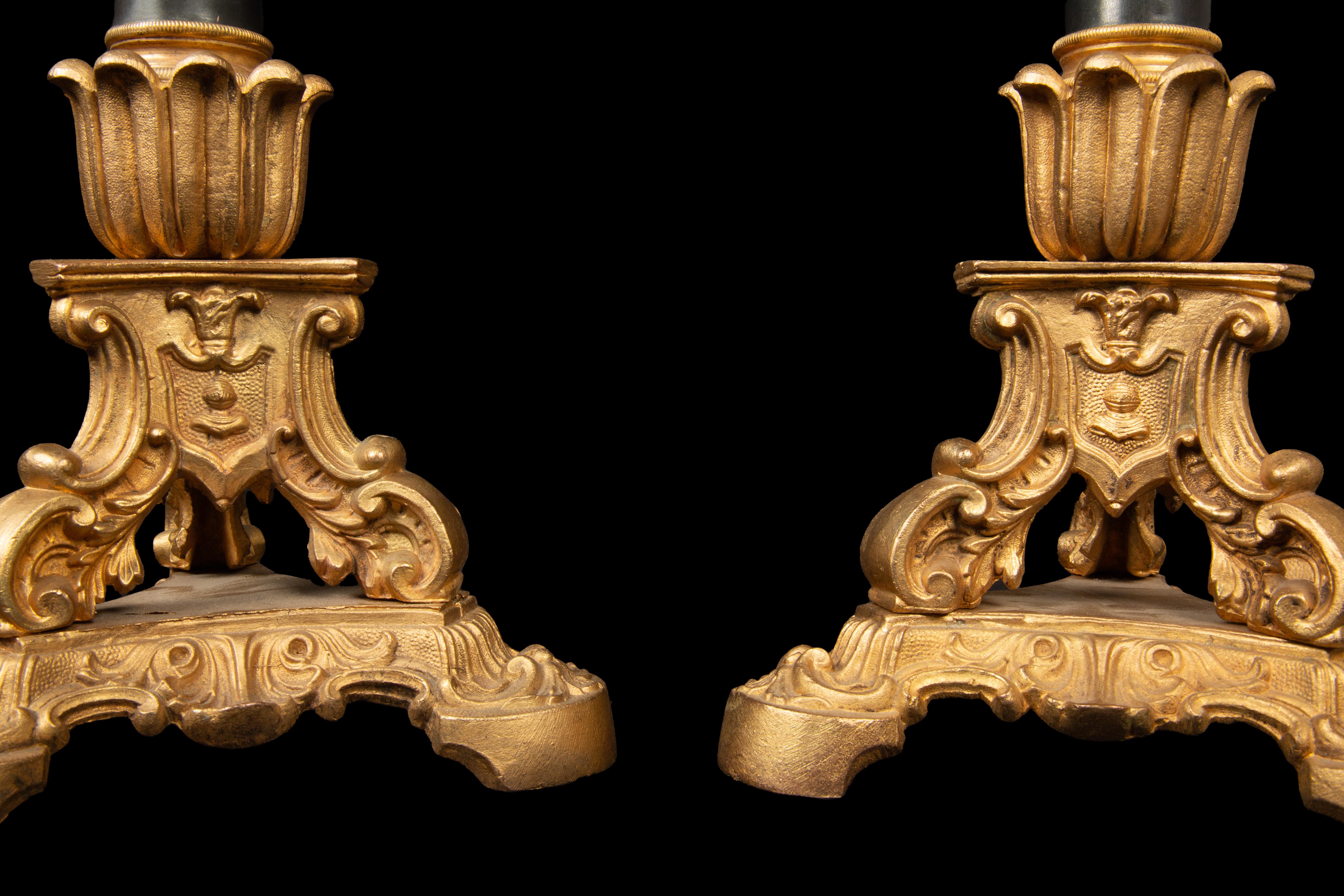19th Century Gilt and Black Patinated Candle Sticks In Excellent Condition For Sale In New York, NY