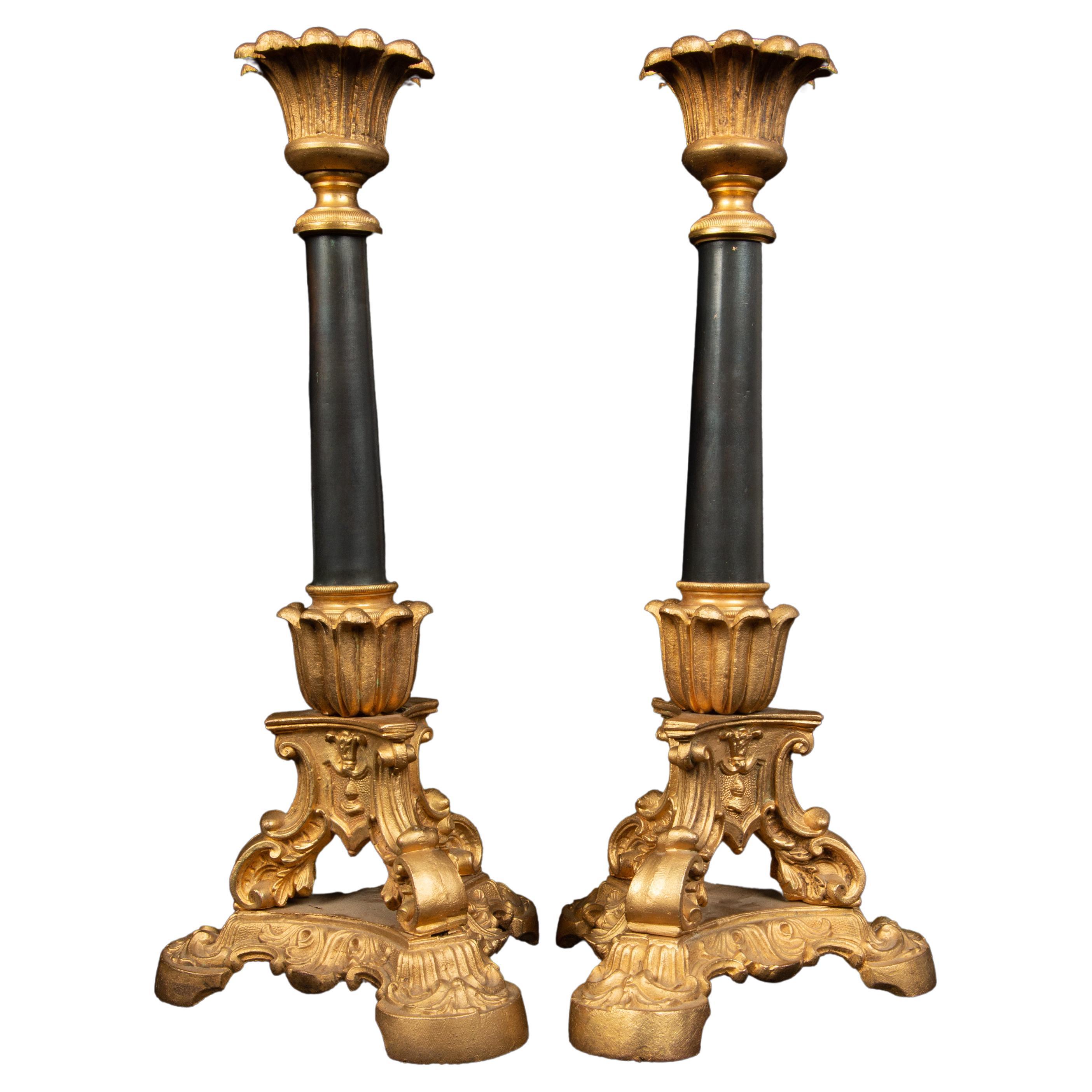 19th Century Gilt and Black Patinated Candle Sticks For Sale
