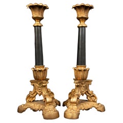 Antique 19th Century Gilt and Black Patinated Candle Sticks