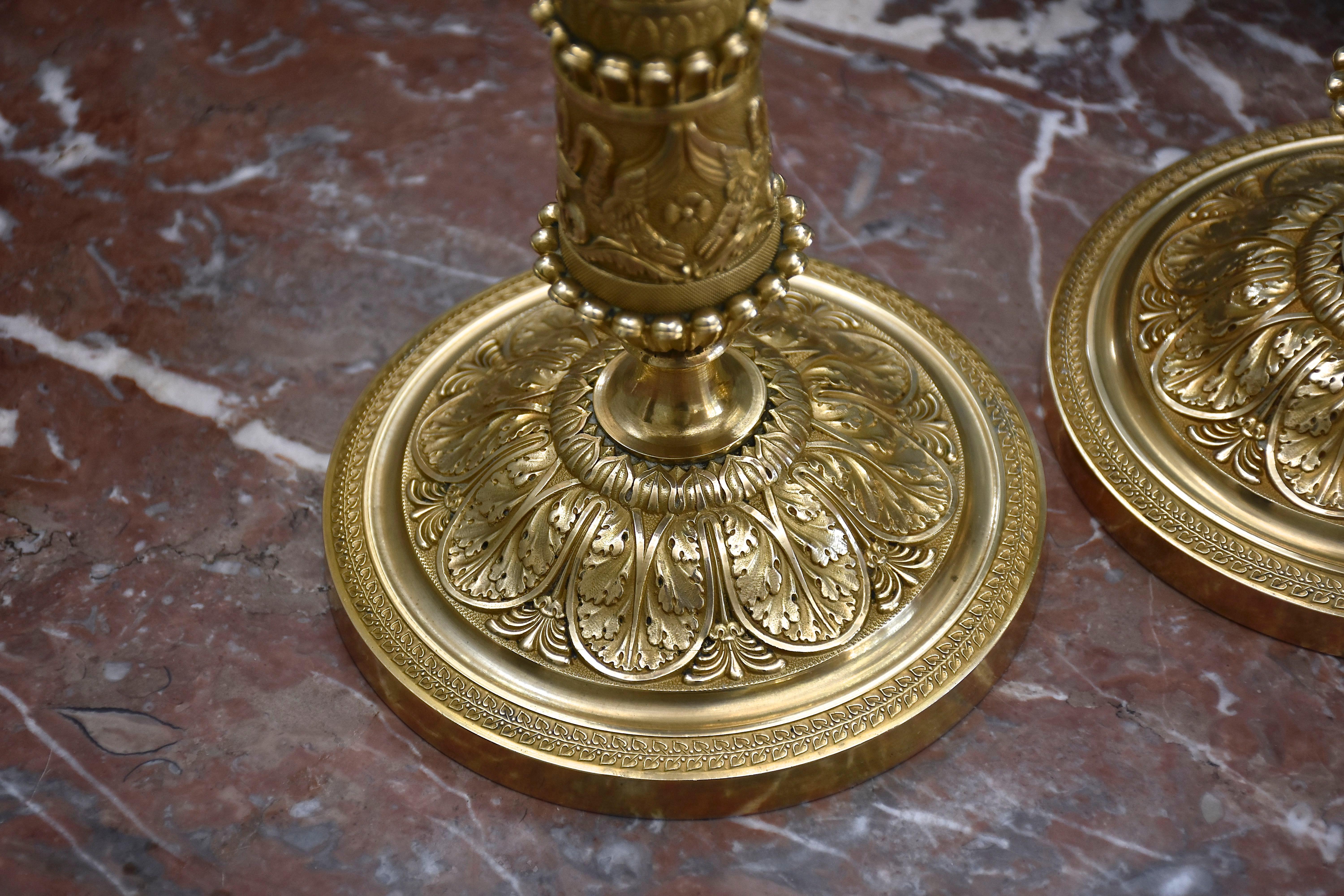 19th century gilt and chased bronze French candlesticks For Sale 3