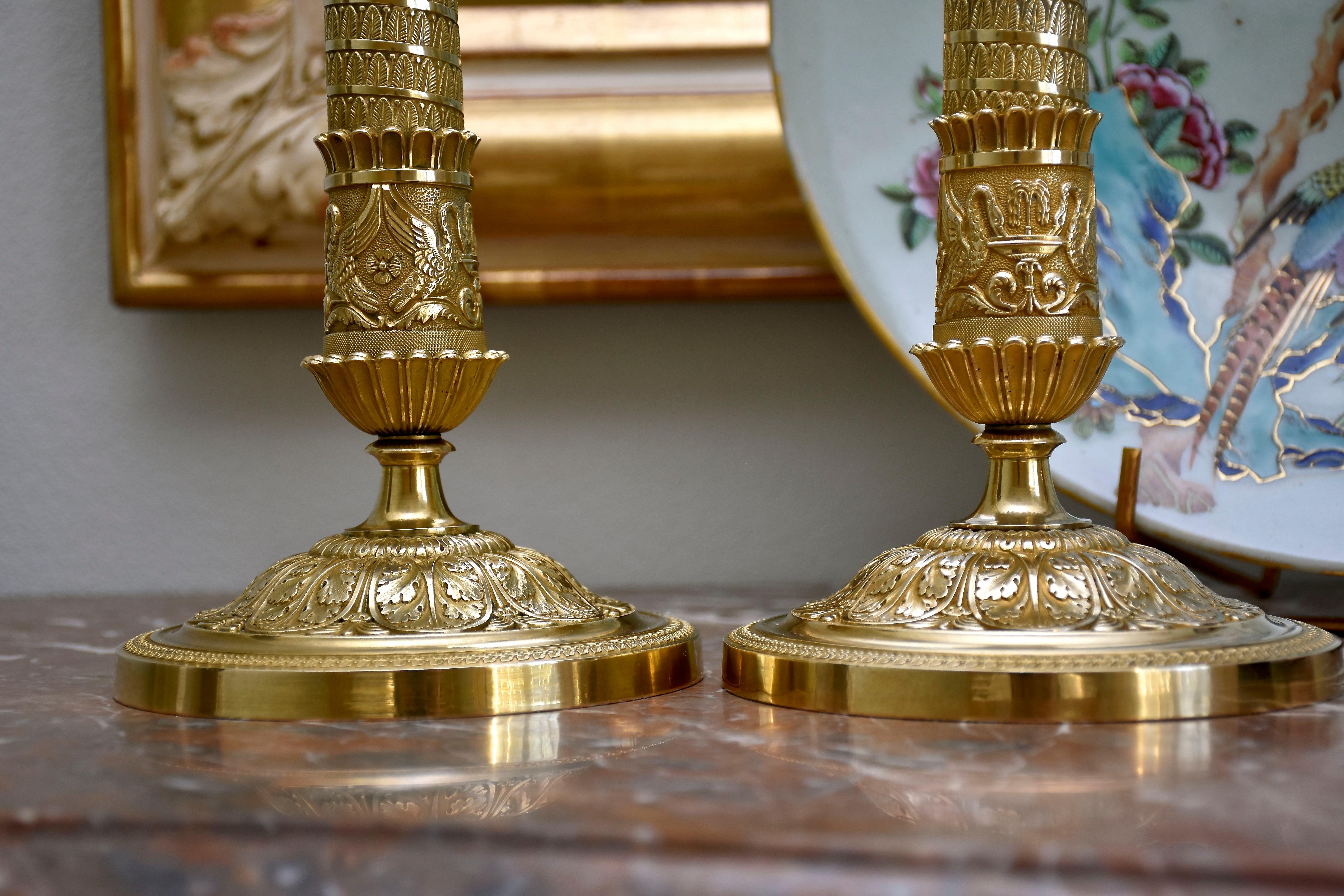 19th century gilt and chased bronze French candlesticks For Sale 6