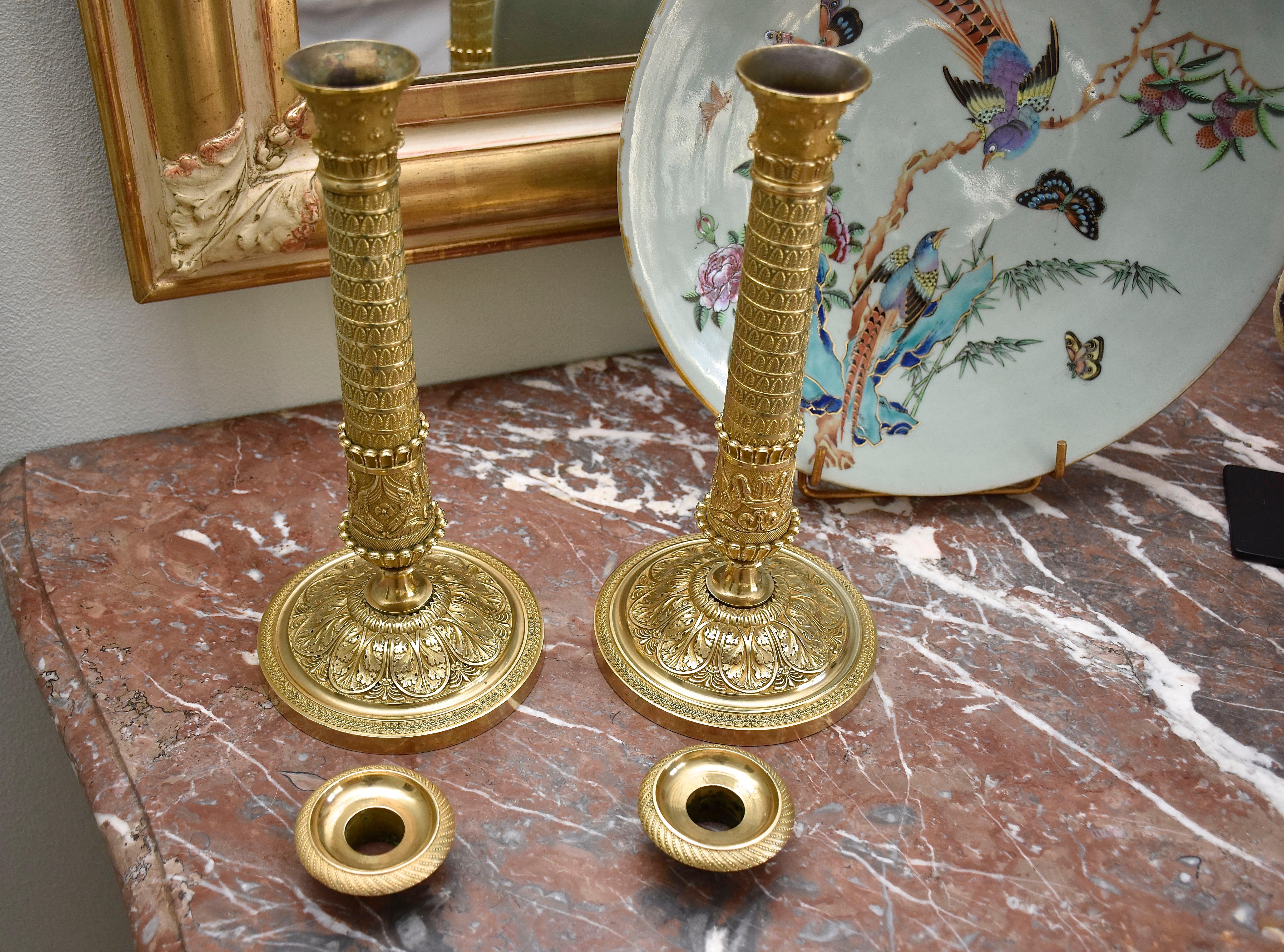 19th century gilt and chased bronze French candlesticks For Sale 7