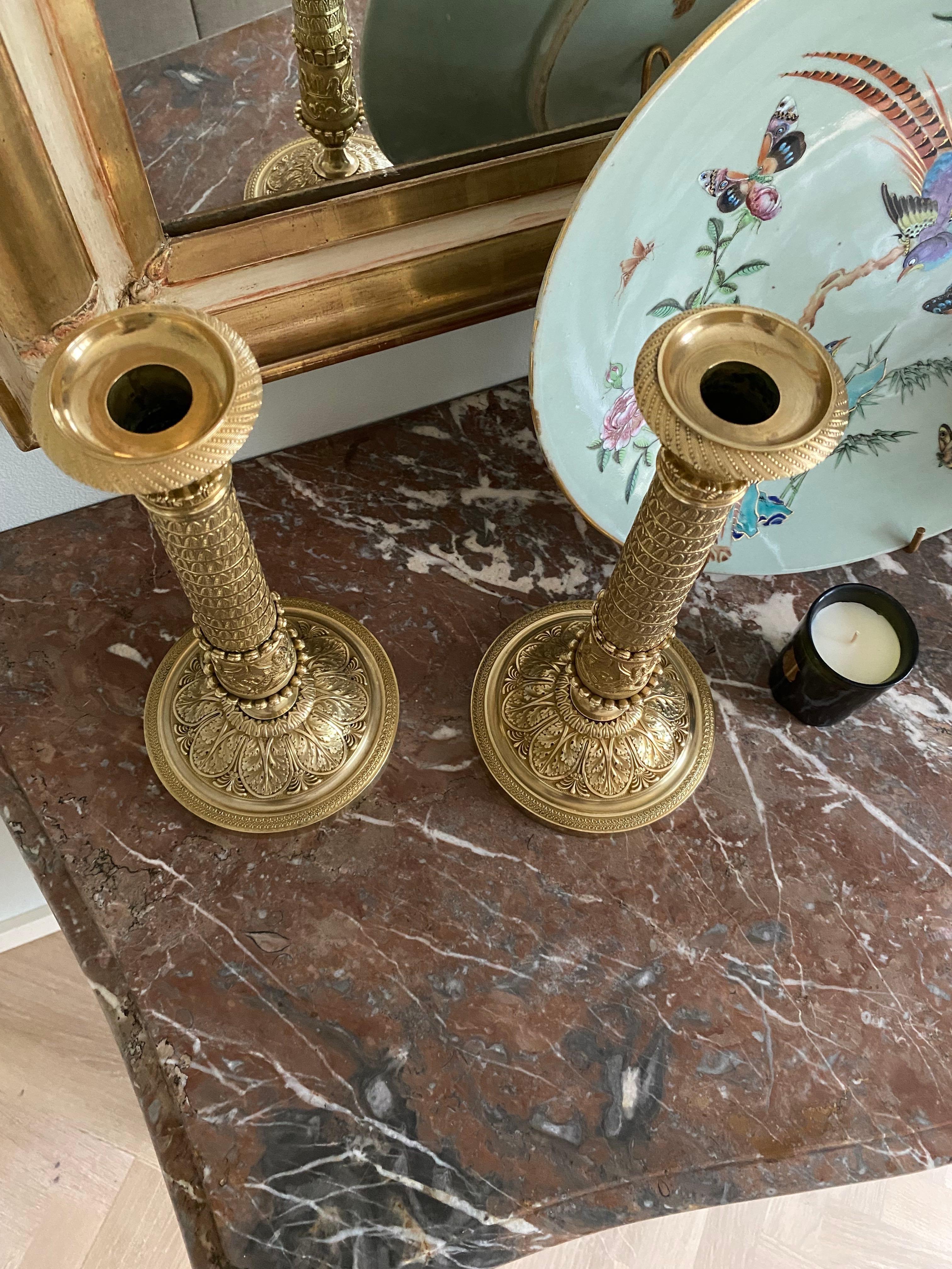 19th century gilt and chased bronze French candlesticks For Sale 8