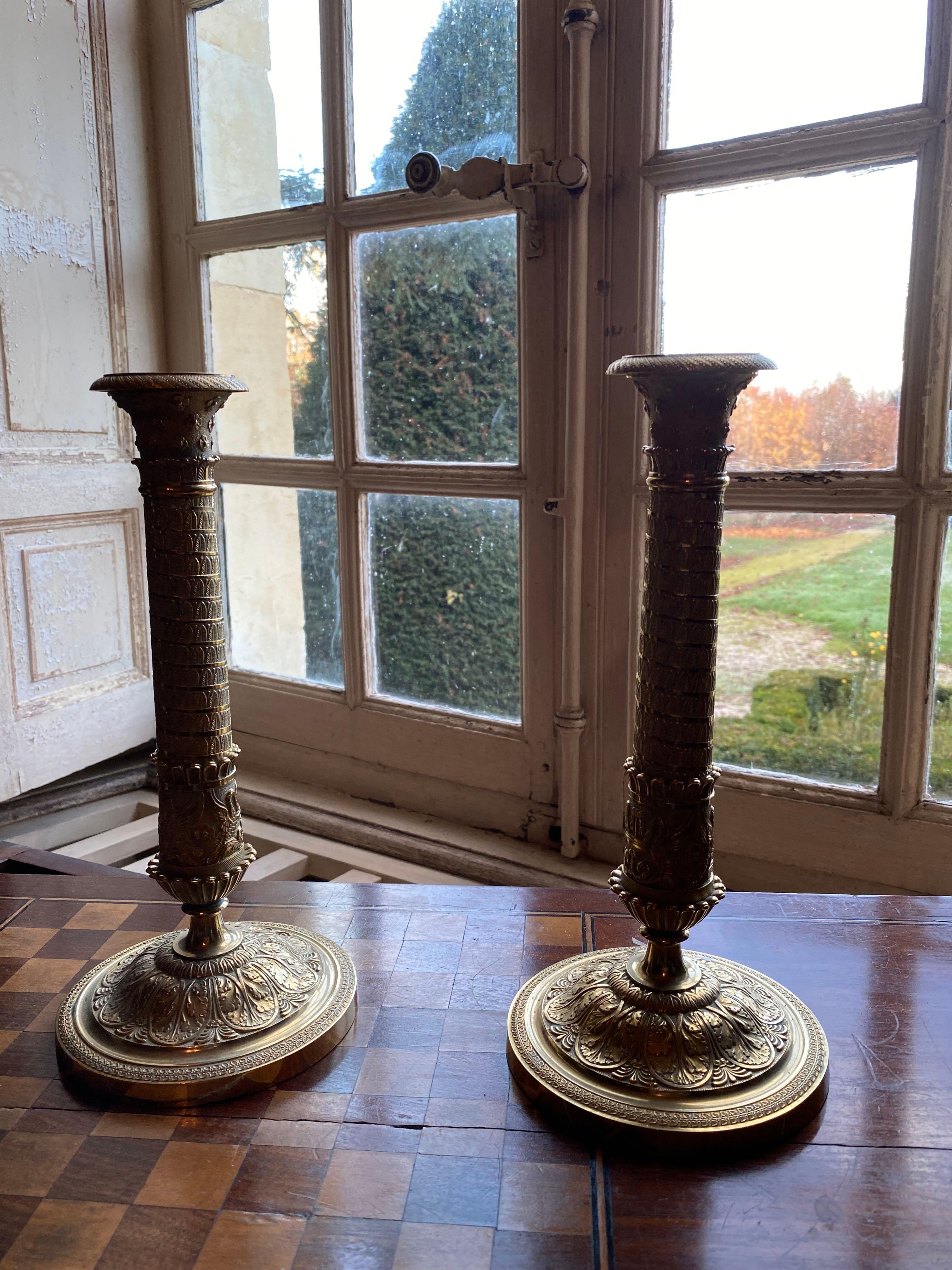 19th century gilt and chased bronze French candlesticks For Sale 9