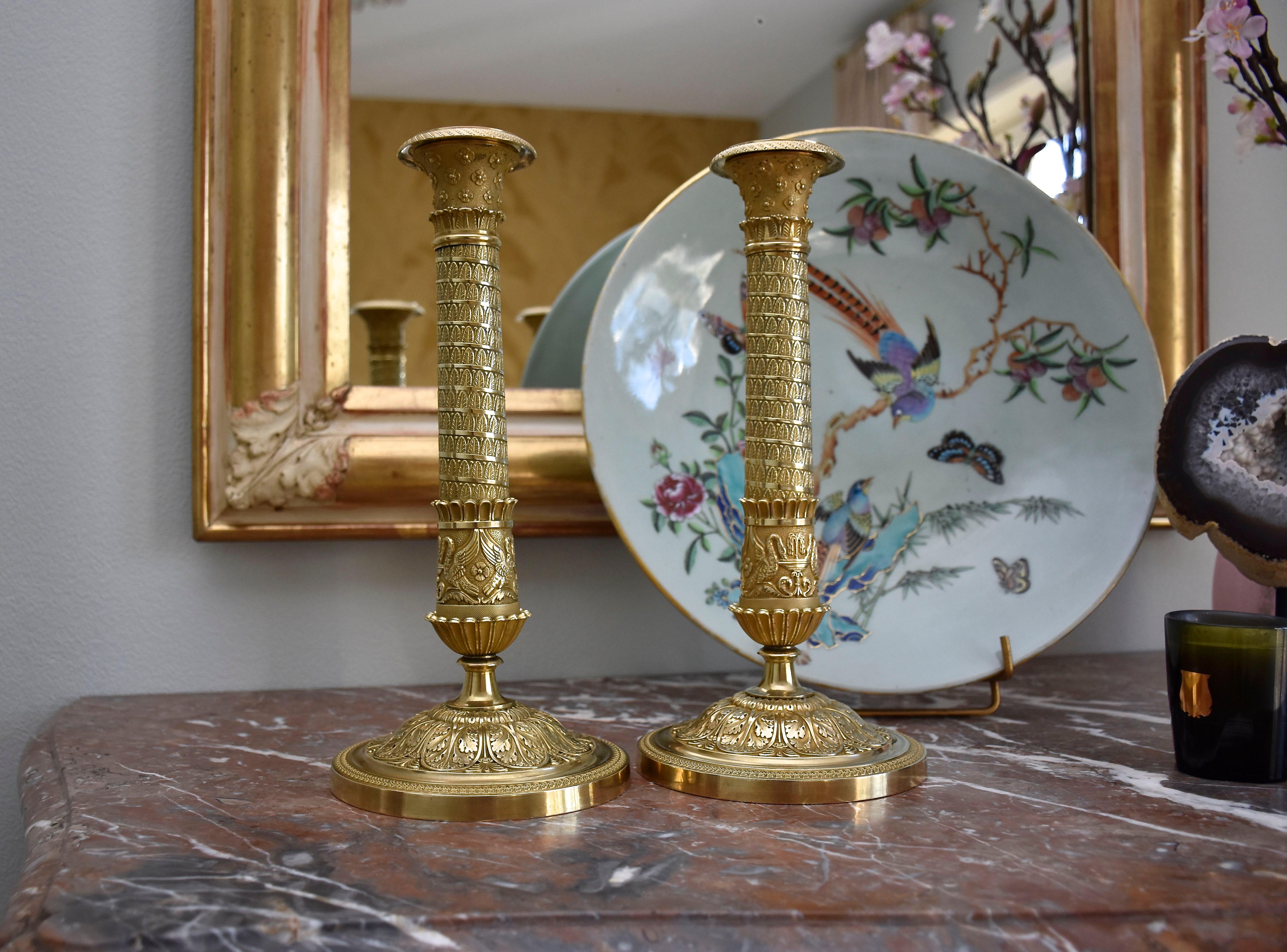19th century gilt and chased bronze French candlesticks For Sale 1