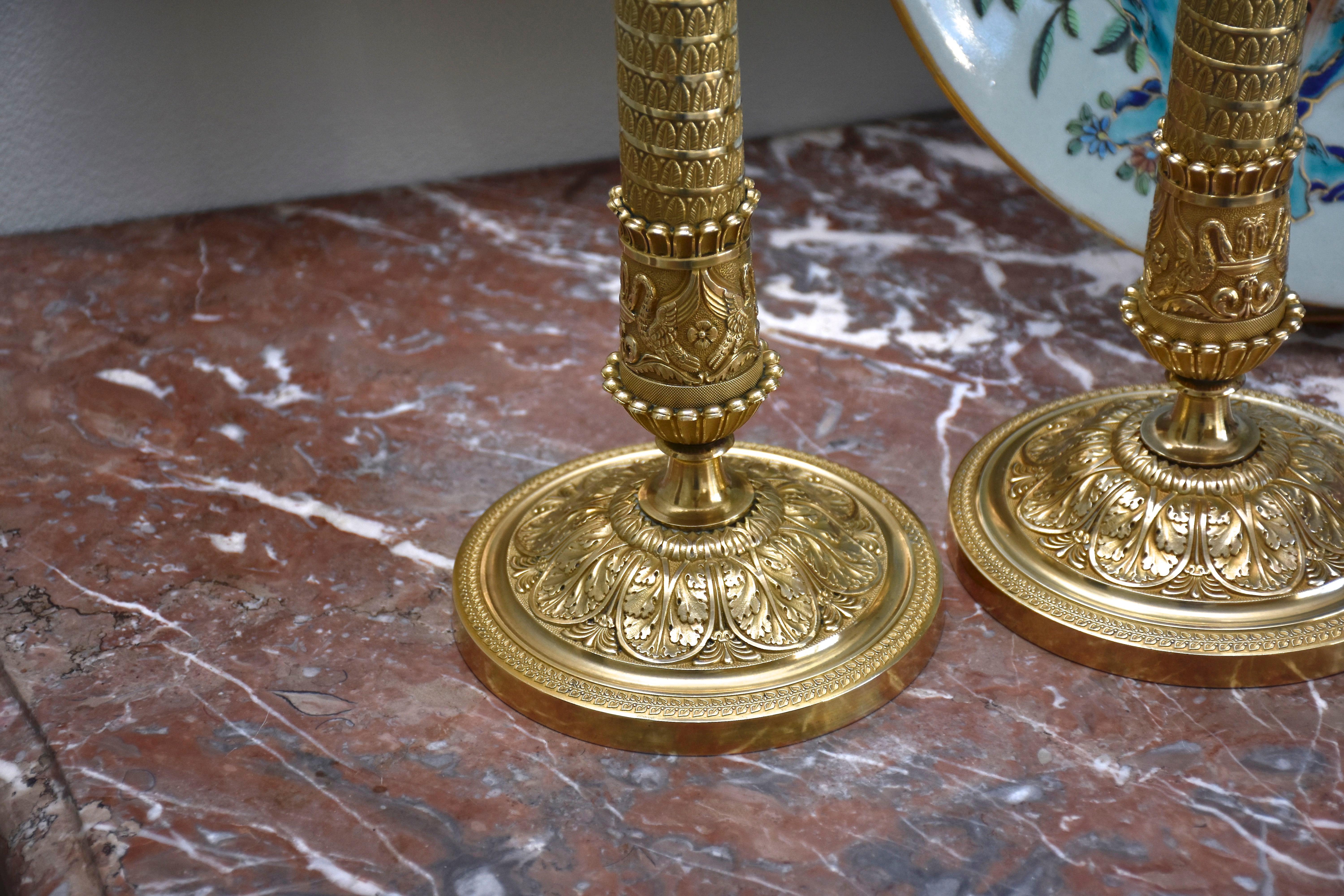 19th century gilt and chased bronze French candlesticks For Sale 2